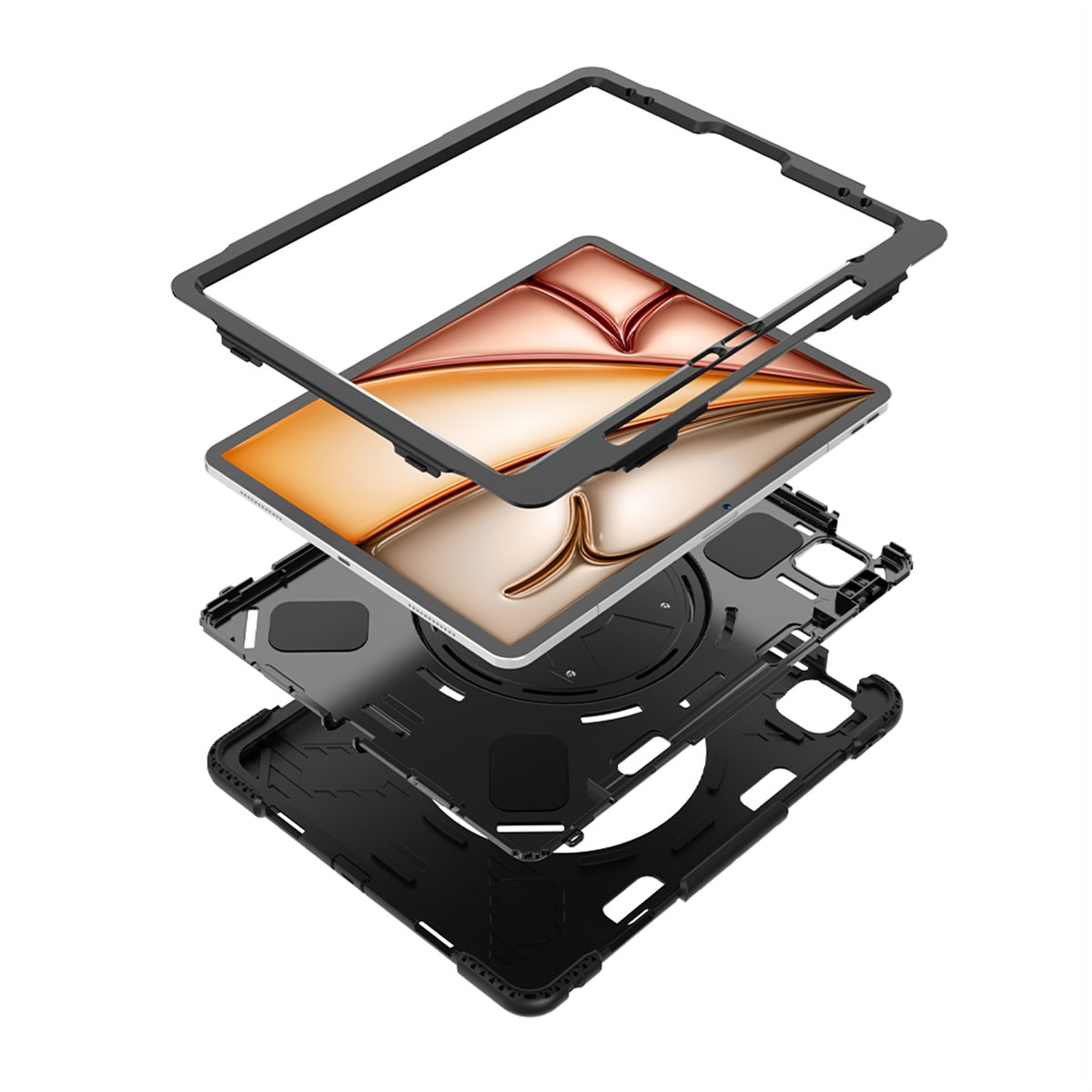 Vista esplosa di un tablet e della sua custodia protettiva. I livelli includono uno schermo, una cornice e componenti neri.