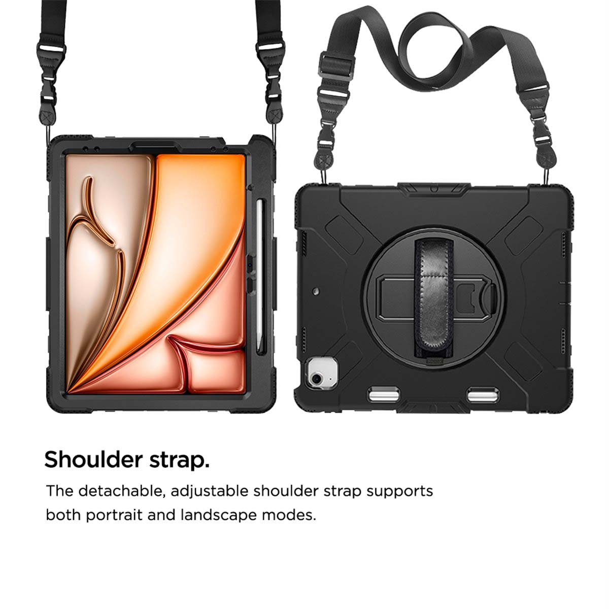 Due custodie nere per tablet con tracolle. Una custodia mostra un design astratto colorato, l'altra ha un cinturino sul retro.