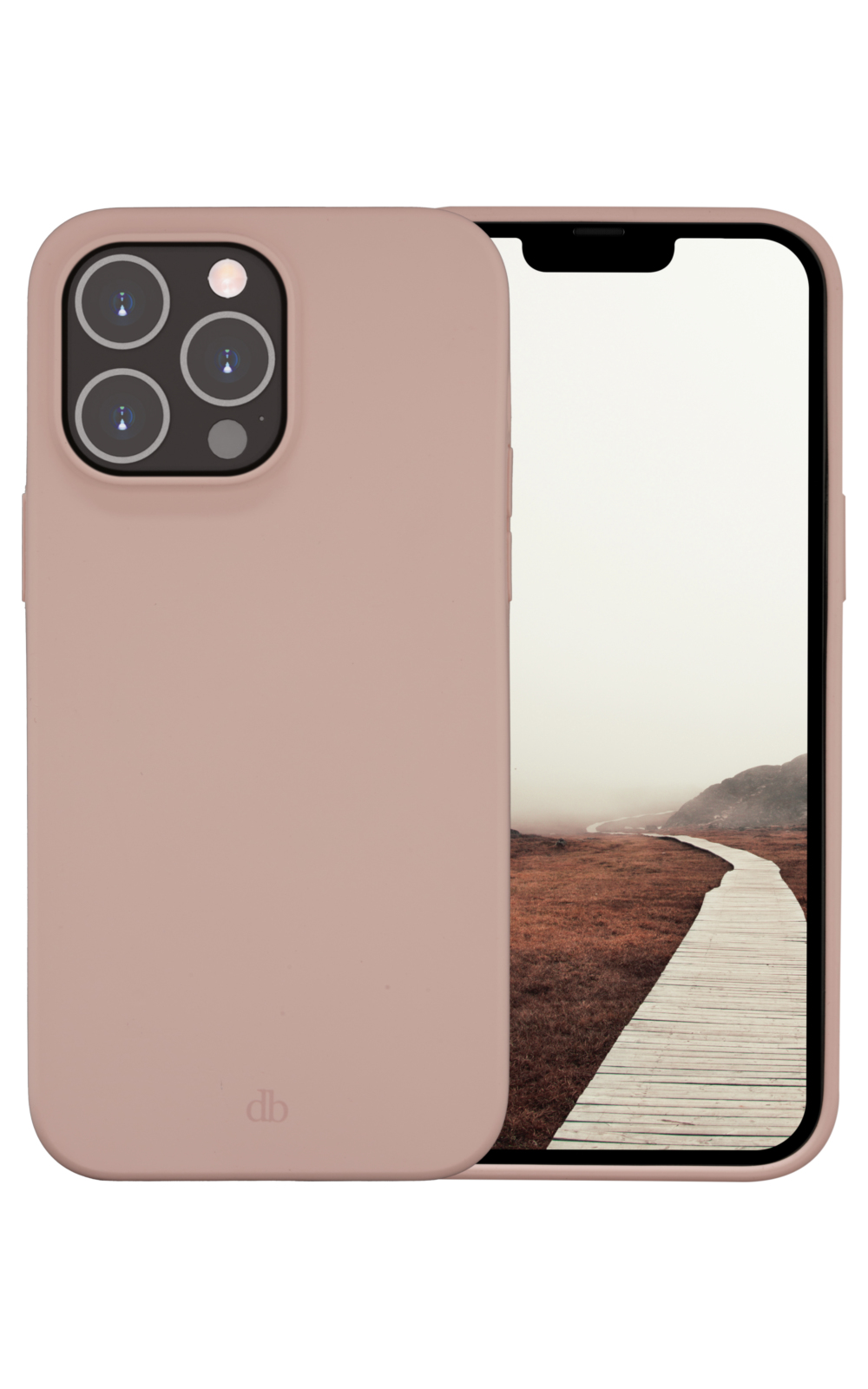 Una custodia rosa per telefono con un iPhone che mostra una passerella in legno attraverso un paesaggio nebbioso.