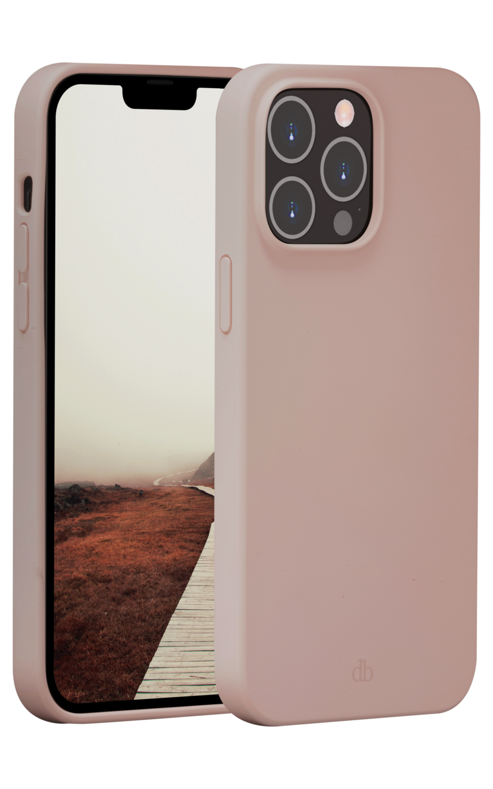 Una custodia rosa per telefono con un telefono all'interno, che mostra un paesaggio con un sentiero di legno. La custodia ha un rilievo per la fotocamera.