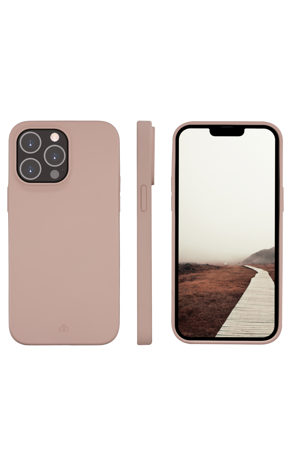 Tre viste di un telefono in una custodia rosa. Un lato, un profilo e lo schermo che mostra un sentiero di legno in un paesaggio.