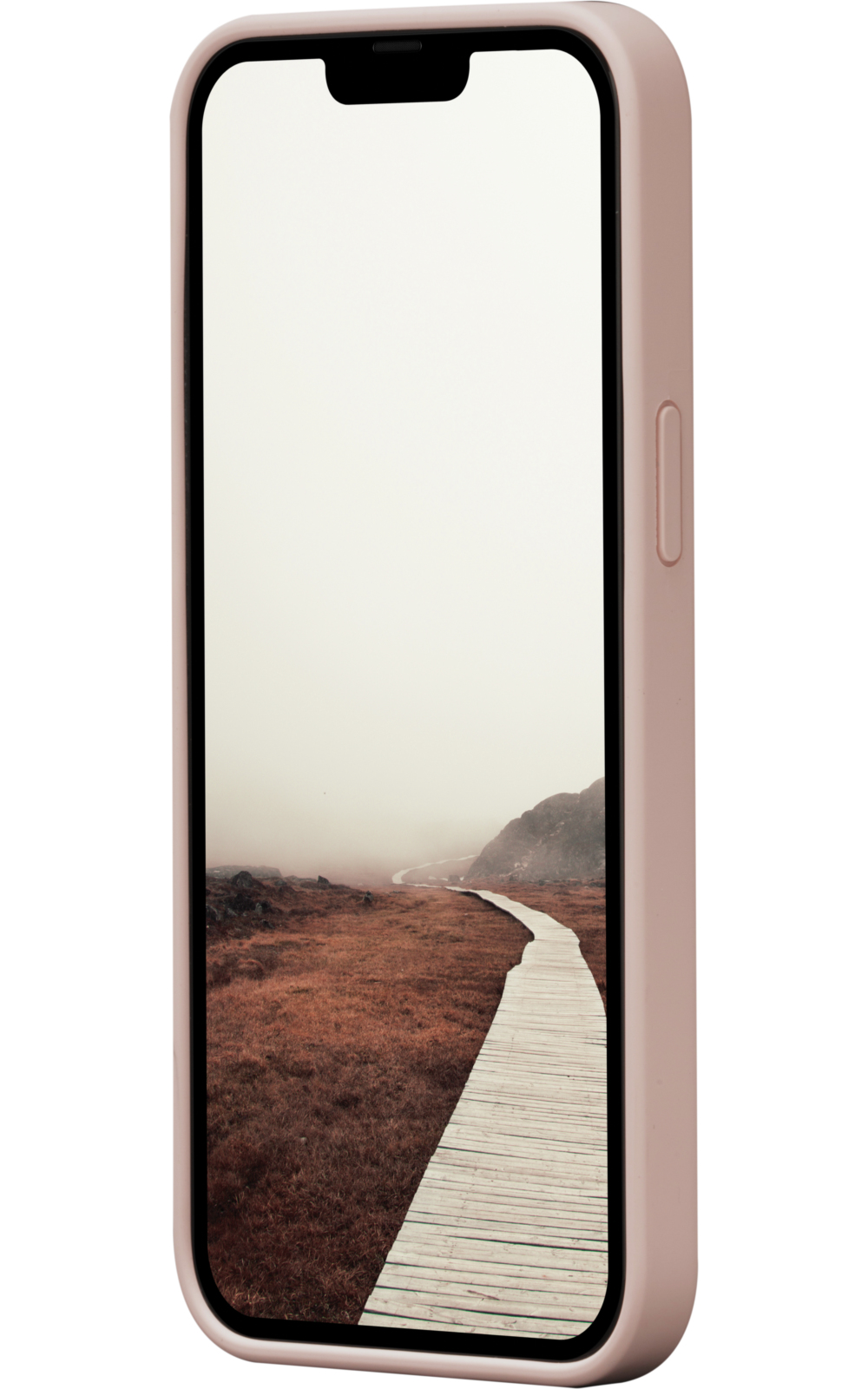 Uno smartphone mostra un paesaggio con un sentiero di legno attraverso l'erba marrone, che conduce a una montagna nella nebbia.