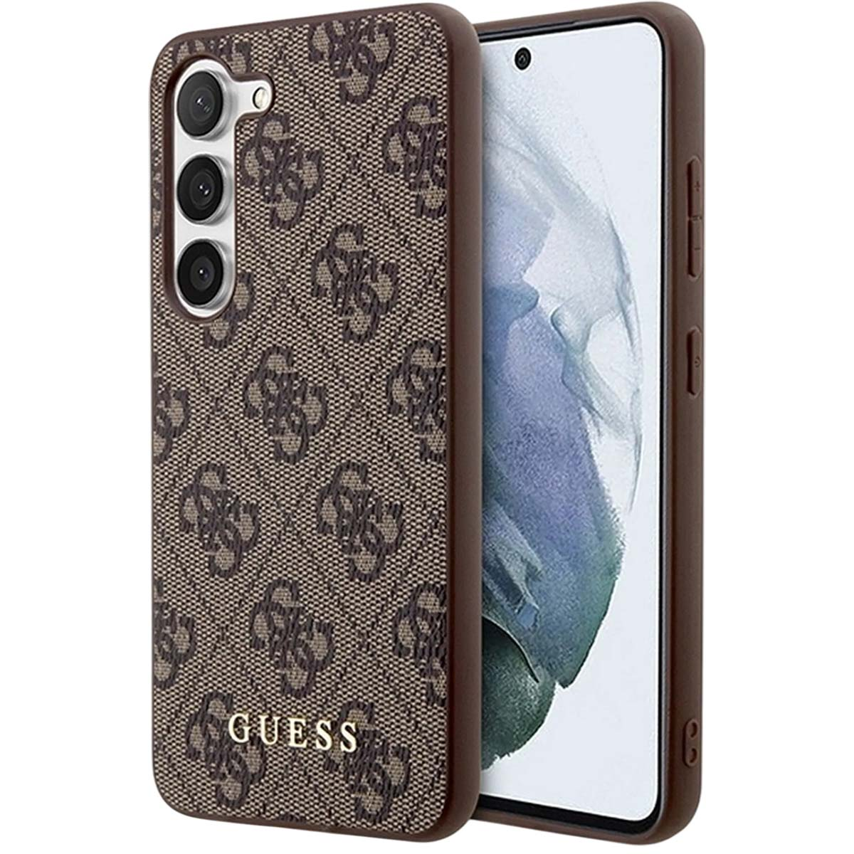 Una custodia marrone Guess su uno smartphone. La custodia ha un motivo con logo ripetuto. Lo schermo del telefono è visibile.