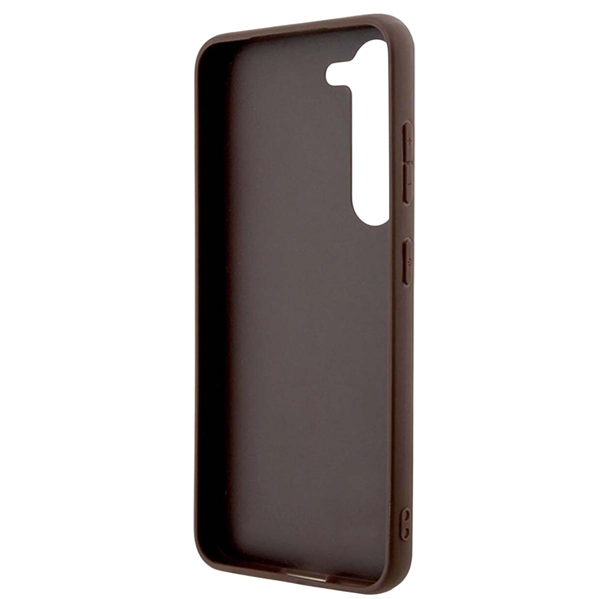 Viene mostrata una custodia per telefono marrone scuro. Ha ritagli per la fotocamera e i pulsanti. La custodia ha bordi arrotondati ed è vuota all'interno.