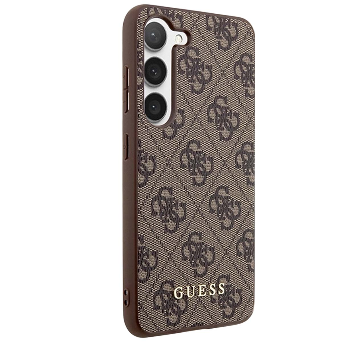 Una custodia per telefono marrone con un motivo con logo Guess. Ha lenti della fotocamera e pulsanti laterali. Il logo è in basso.
