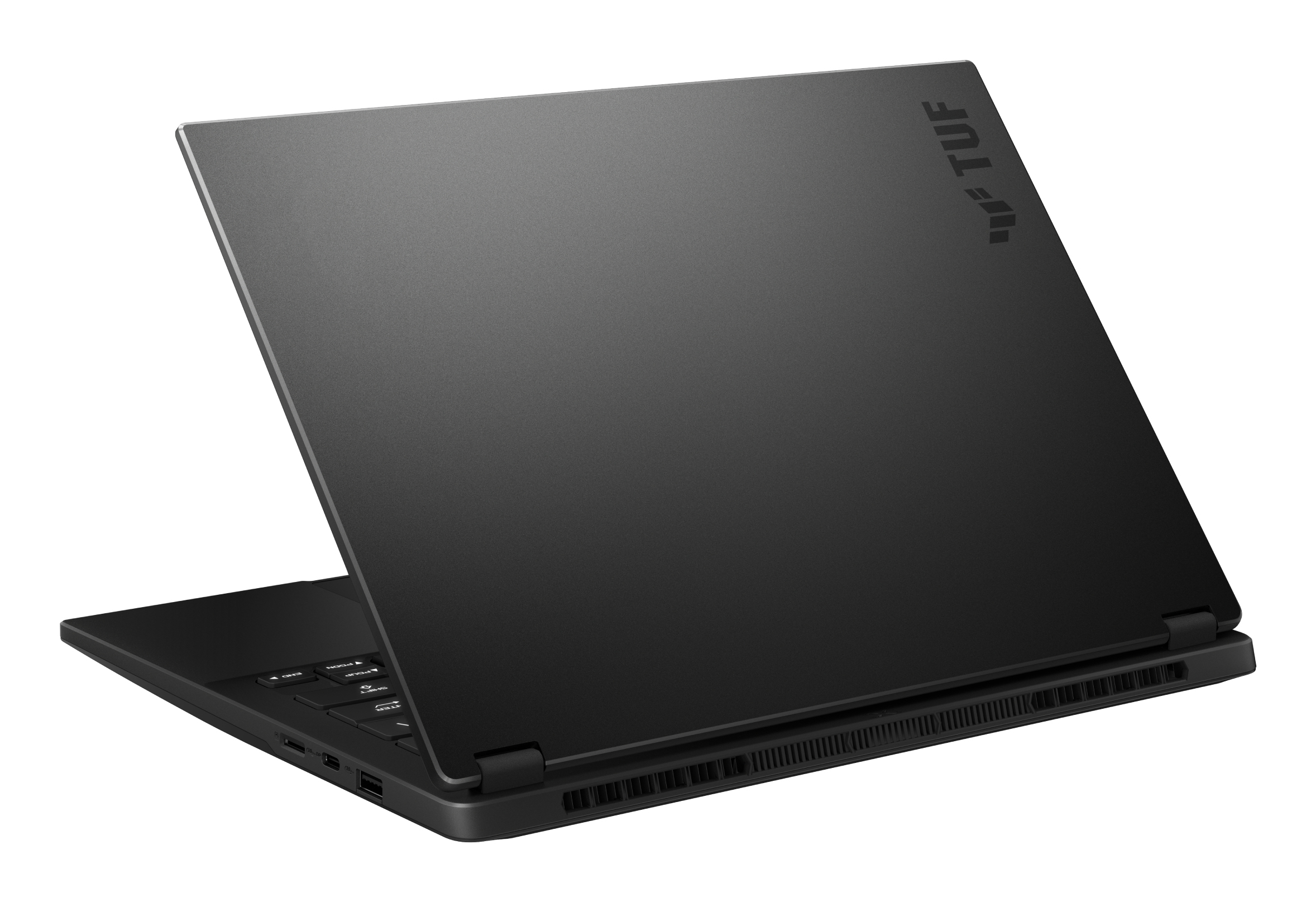 Czarny laptop z ekranem otwartym pod kątem. Logo TUF jest widoczne na górnej pokrywie.