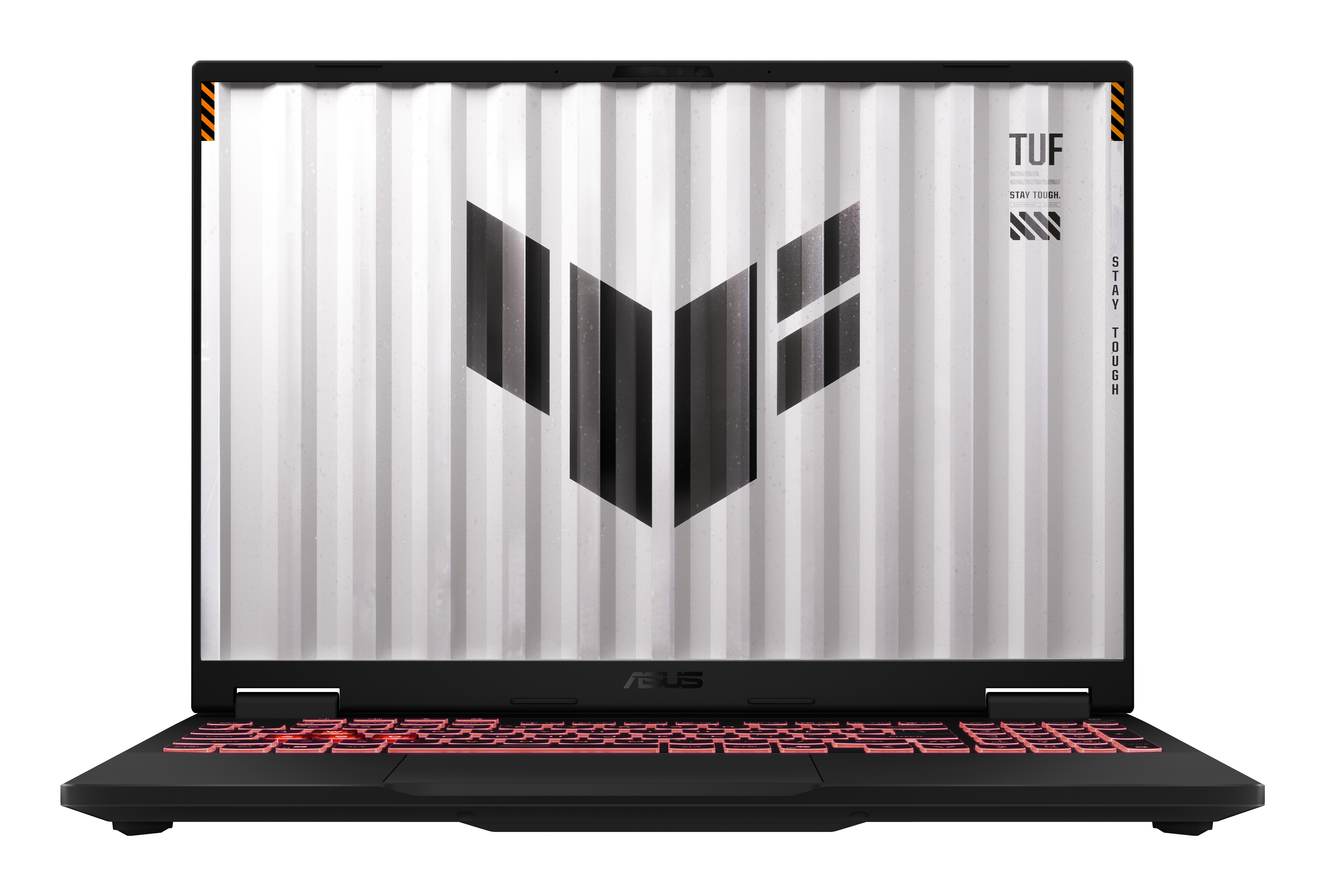 Black laptop, lit keyboard. Screen displays a logo, with a white and gray background. 'TUF' label and 'STAY TOUGH' text.