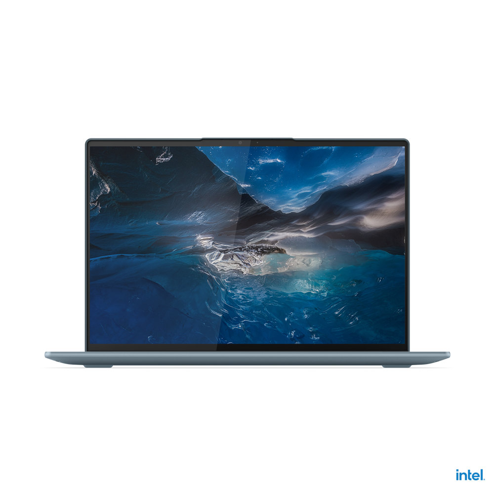 Viene visualizzato un laptop grigio. Lo schermo mostra l'immagine dell'acqua blu. Il laptop è su sfondo bianco.