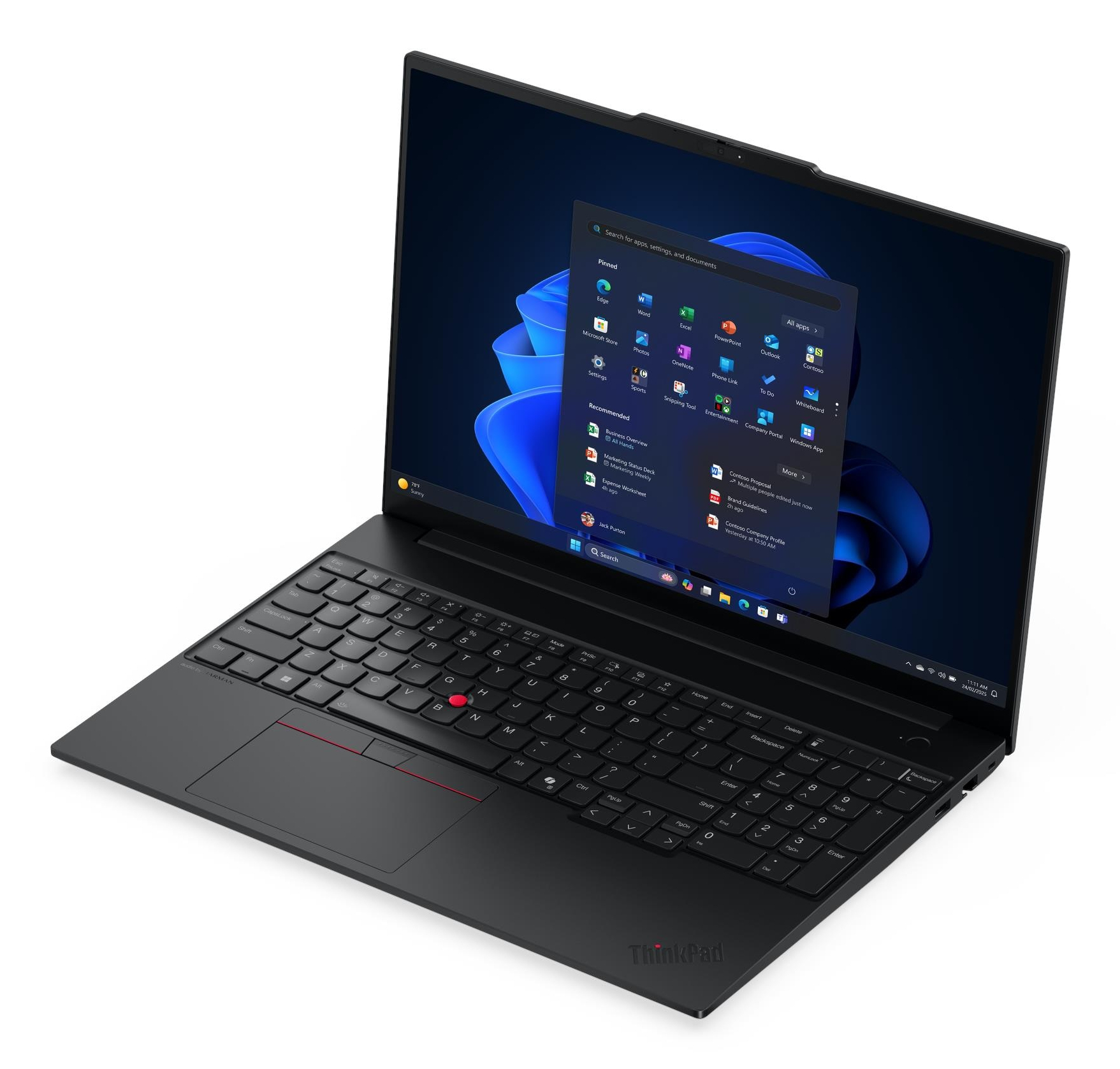 Un laptop ThinkPad nero visualizza il menu Start di Windows 11. Un trackpoint rosso è nella tastiera. Lo schermo è acceso.