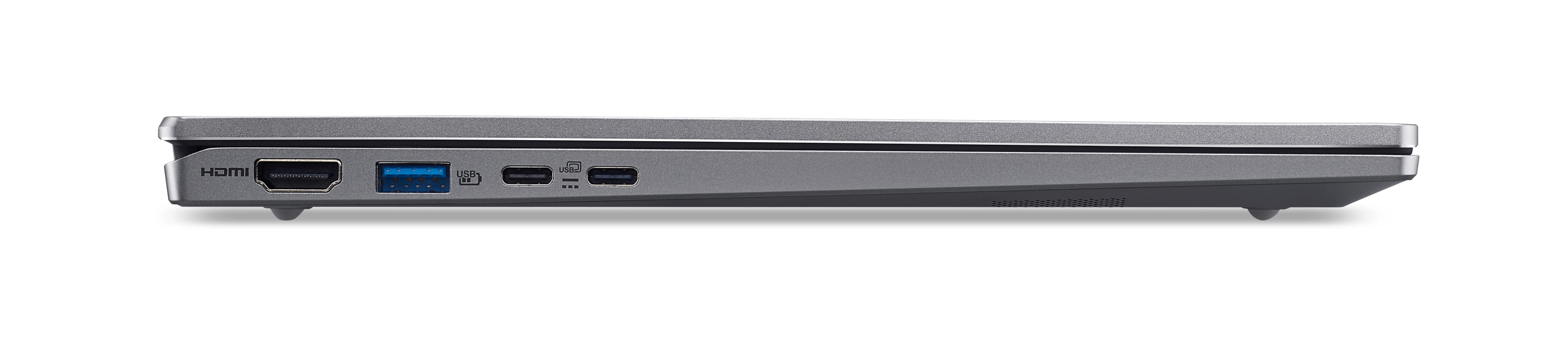 Widok z boku srebrnego laptopa, pokazujący porty: HDMI, USB, USB-C. Laptop jest na białym tle.