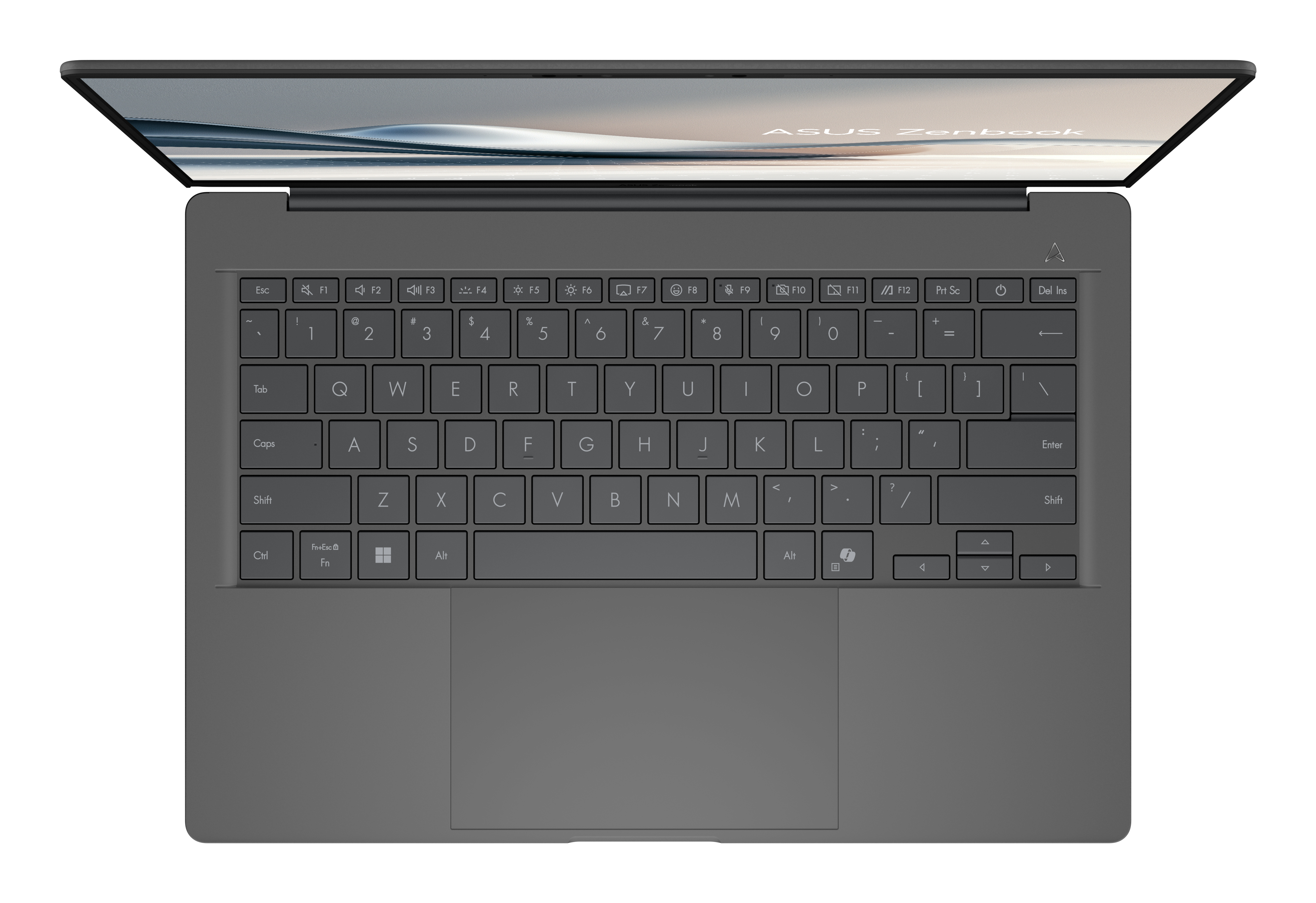 Widok z góry szarego laptopa z widoczną klawiaturą. Ekran otwarty, pokazujący logo ASUS Zenbook.