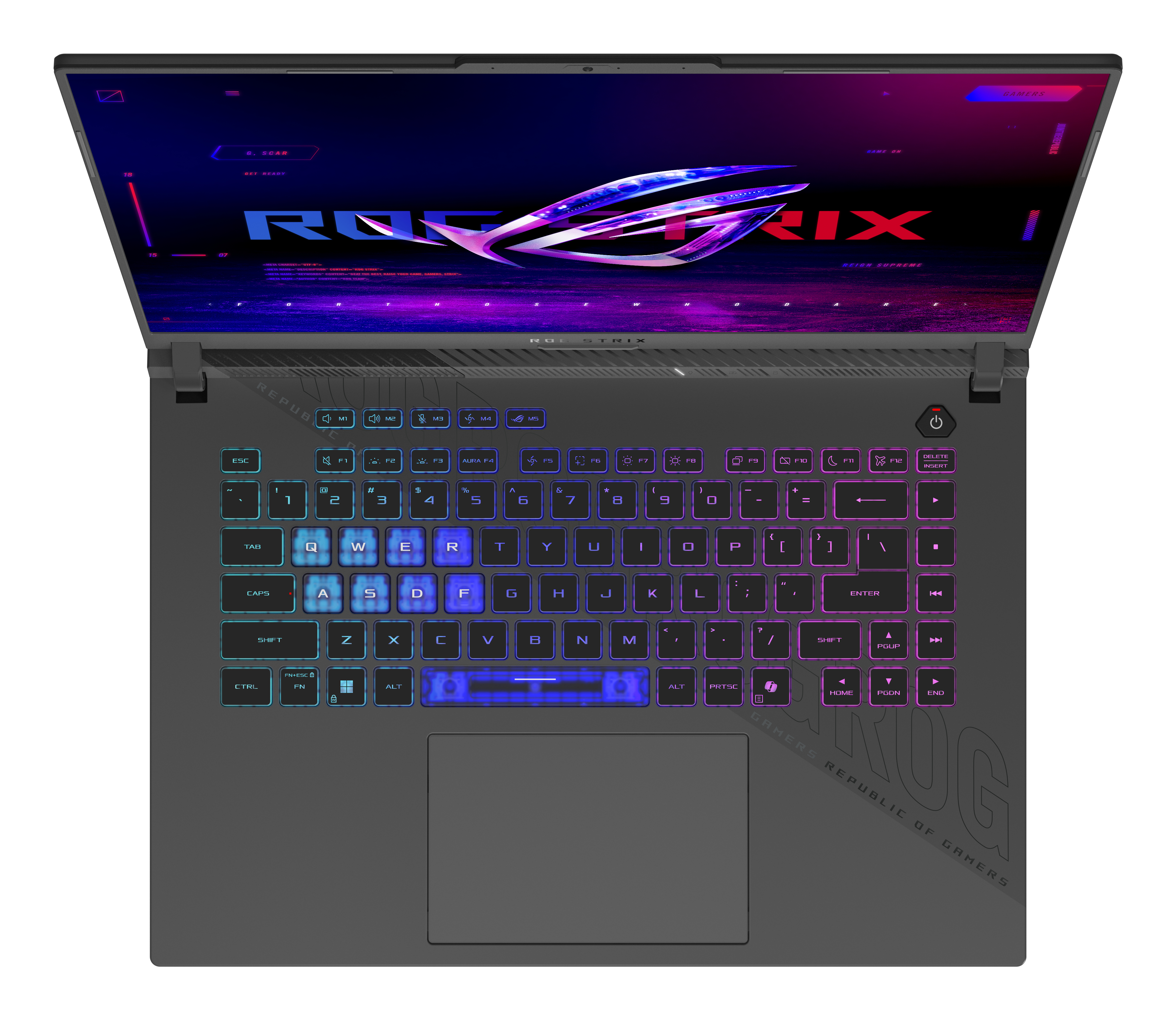 Laptop mit Hintergrundbeleuchtung. Der Bildschirm zeigt ein ROG Strix-Logo. Die Tastatur hat beleuchtete Tasten.