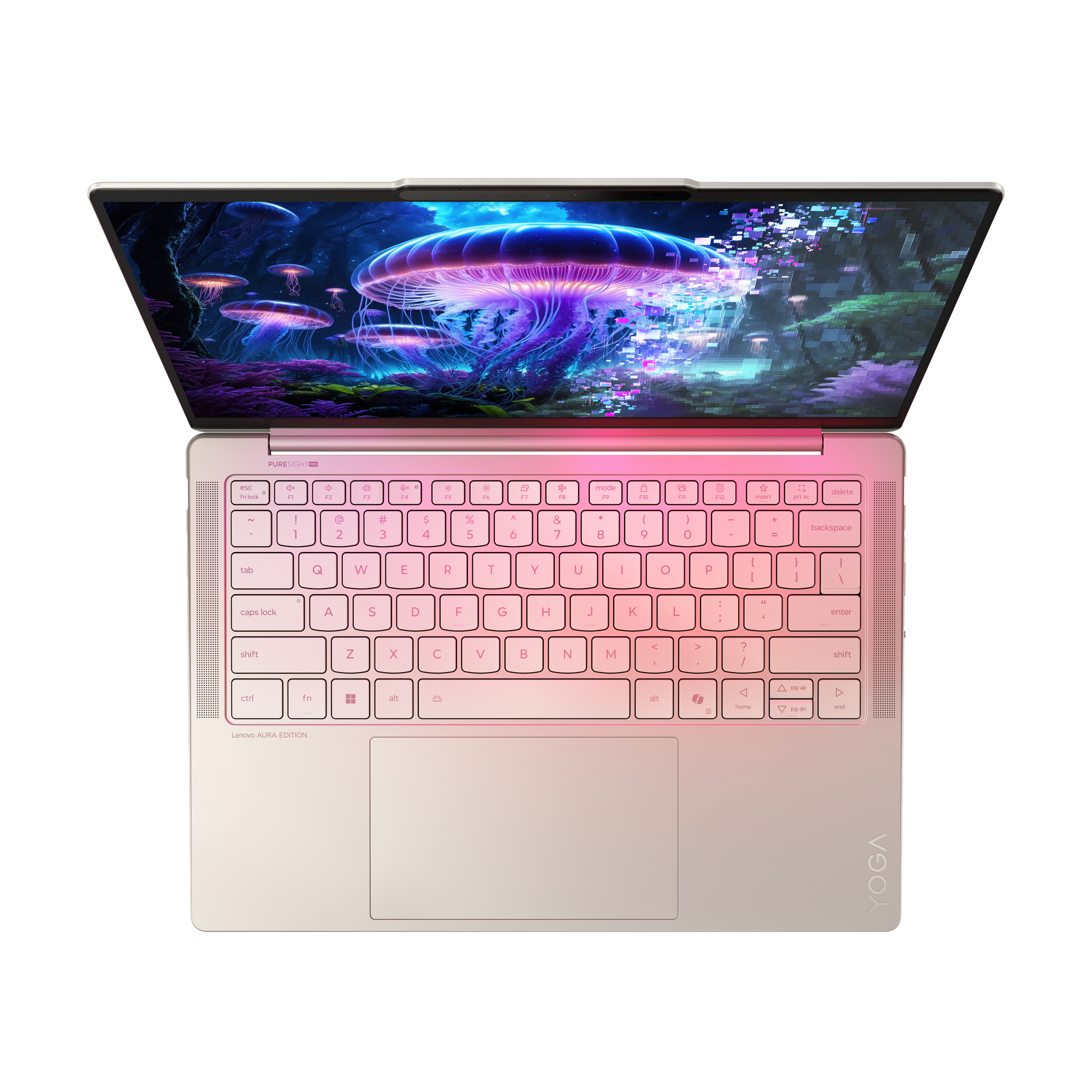 Różowy laptop jest otwarty, pokazując fantastyczną scenę z meduzami. Klawiatura również jest różowa.