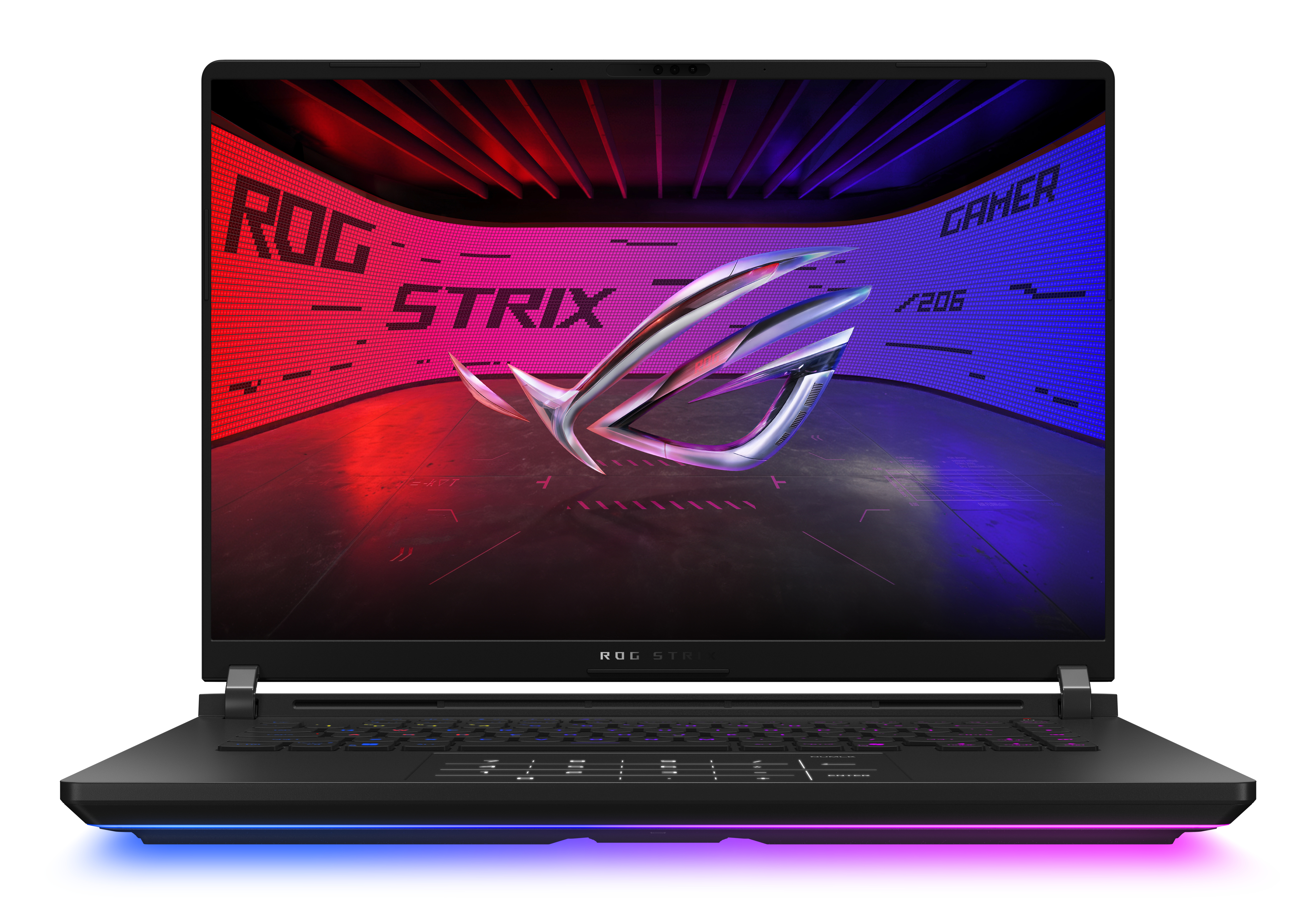 Black laptop with illuminated keyboard, screen displaying ROG Strix logo and a colorful light at the bottom.