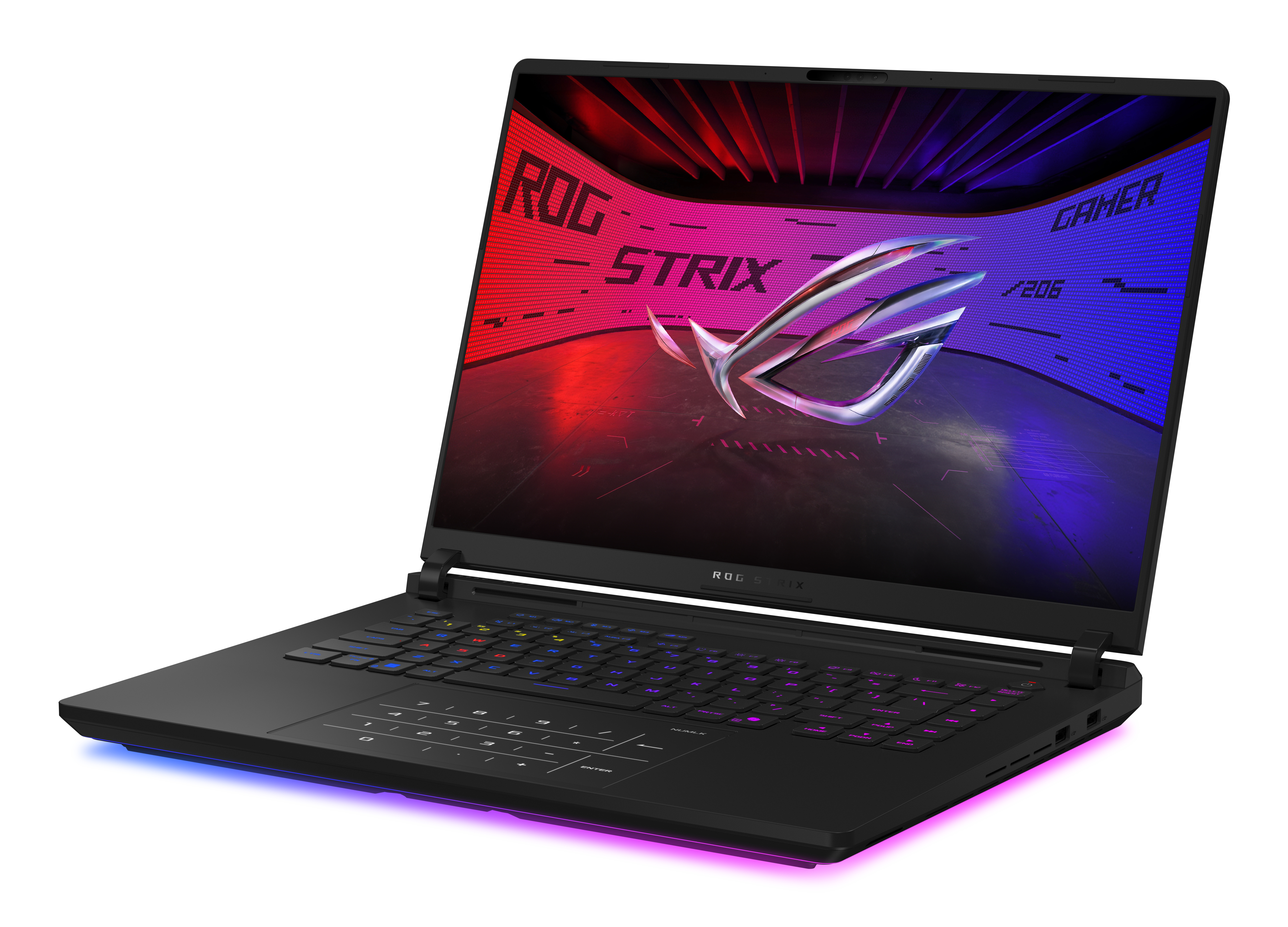 A black ROG Strix laptop is open. The screen shows a logo and text. The keyboard is lit with colors.