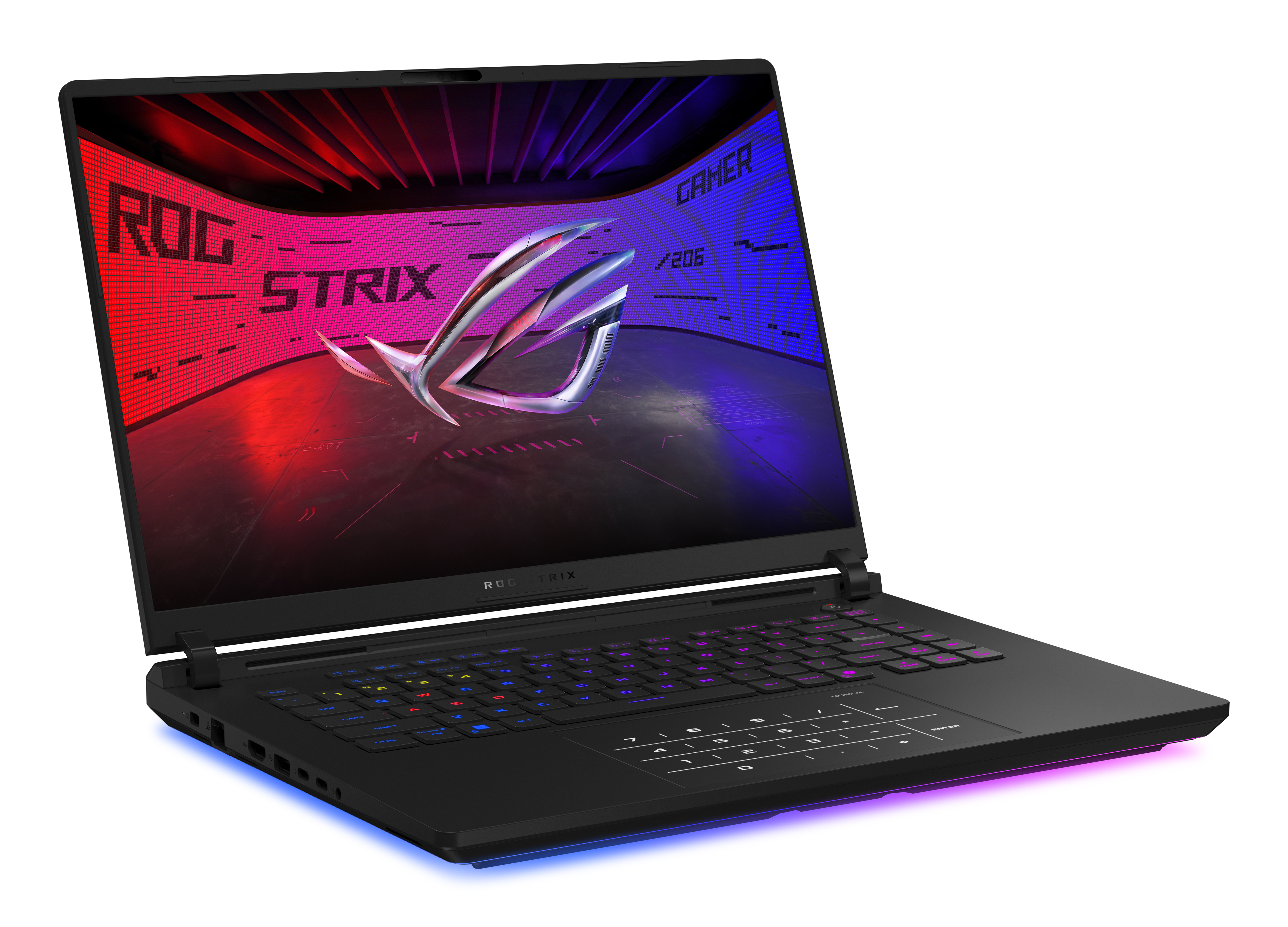 Czarny laptop z podświetlaną klawiaturą. Ekran pokazuje logo ROG Strix i tło do gier.