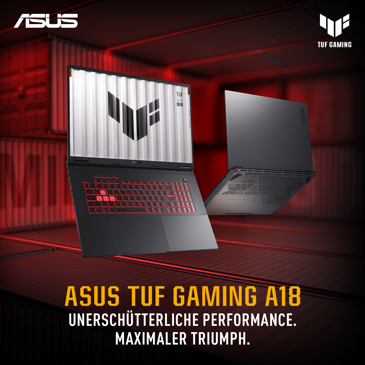 Dwa laptopy ASUS TUF Gaming A18. Jeden otwarty, pokazujący klawiaturę i ekran z logo. Klawiatura podświetlana na czerwono. Czarno-czerwone tło.