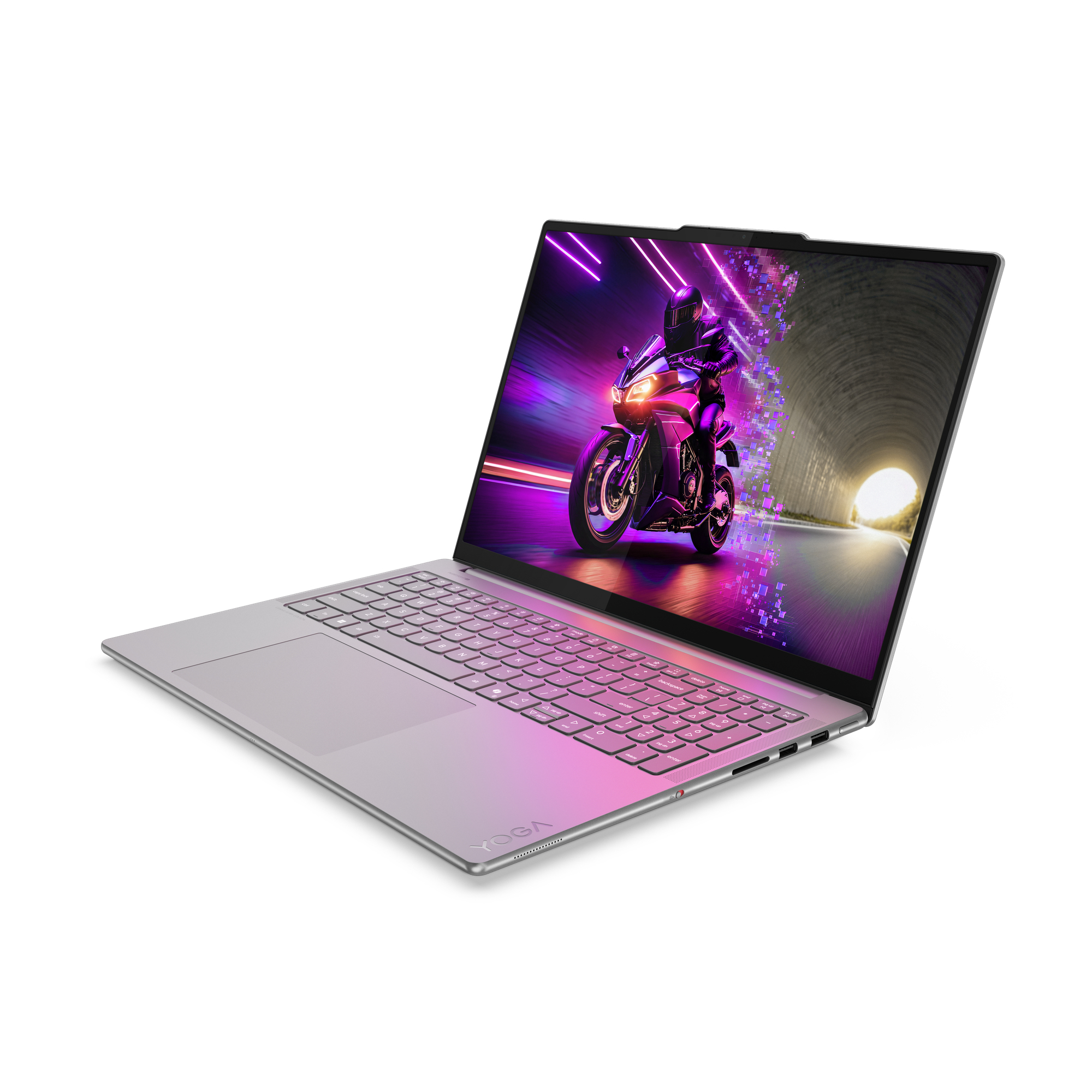 Ein Laptop mit einem Bildschirm, der ein Motorrad in einem Tunnel zeigt. Der Laptop ist geöffnet, hellviolett, auf weißem Hintergrund.