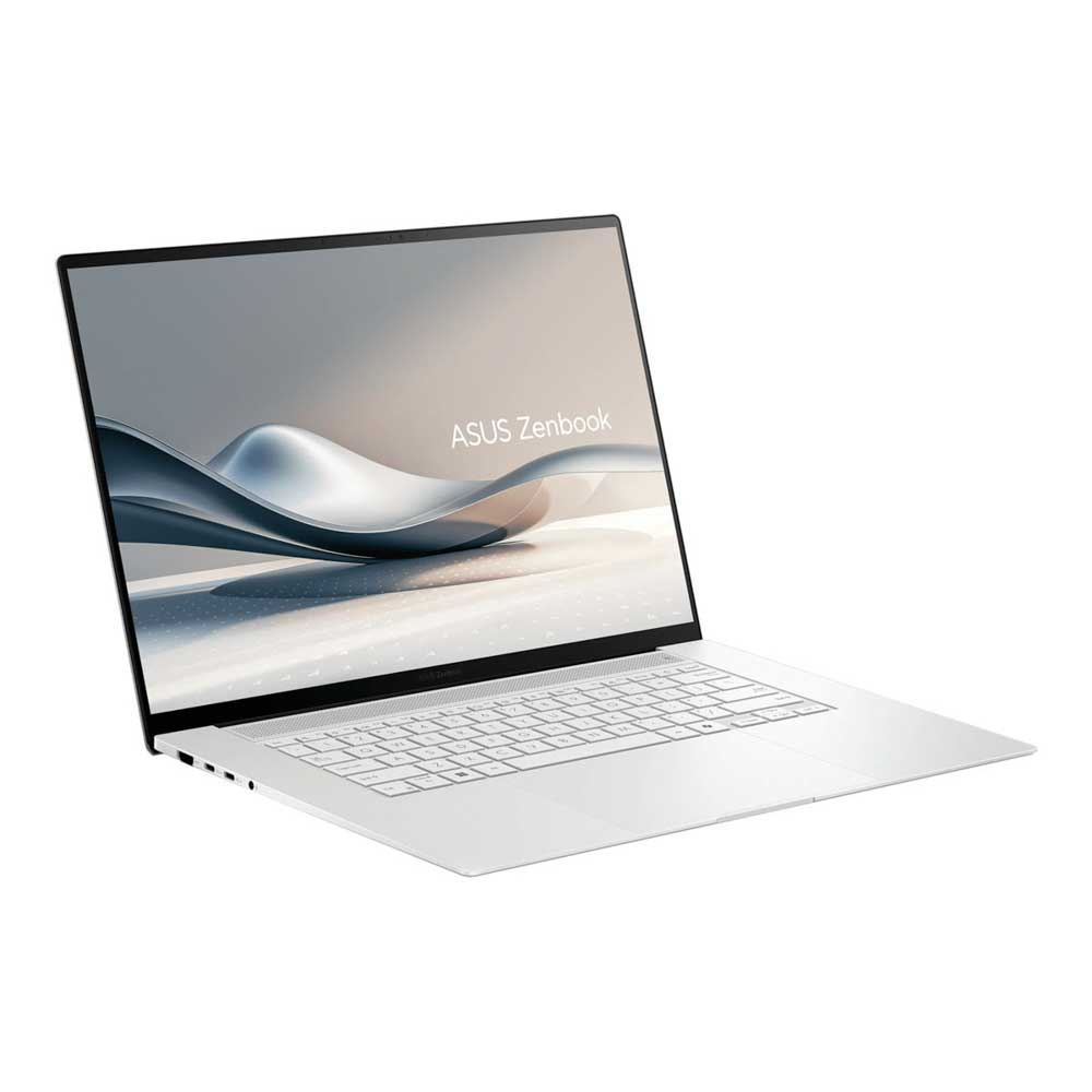 Beyaz bir ASUS Zenbook dizüstü bilgisayar açık, ekranda dalgalı bir tasarım sergiliyor. Klavye ve gövde de beyaz.