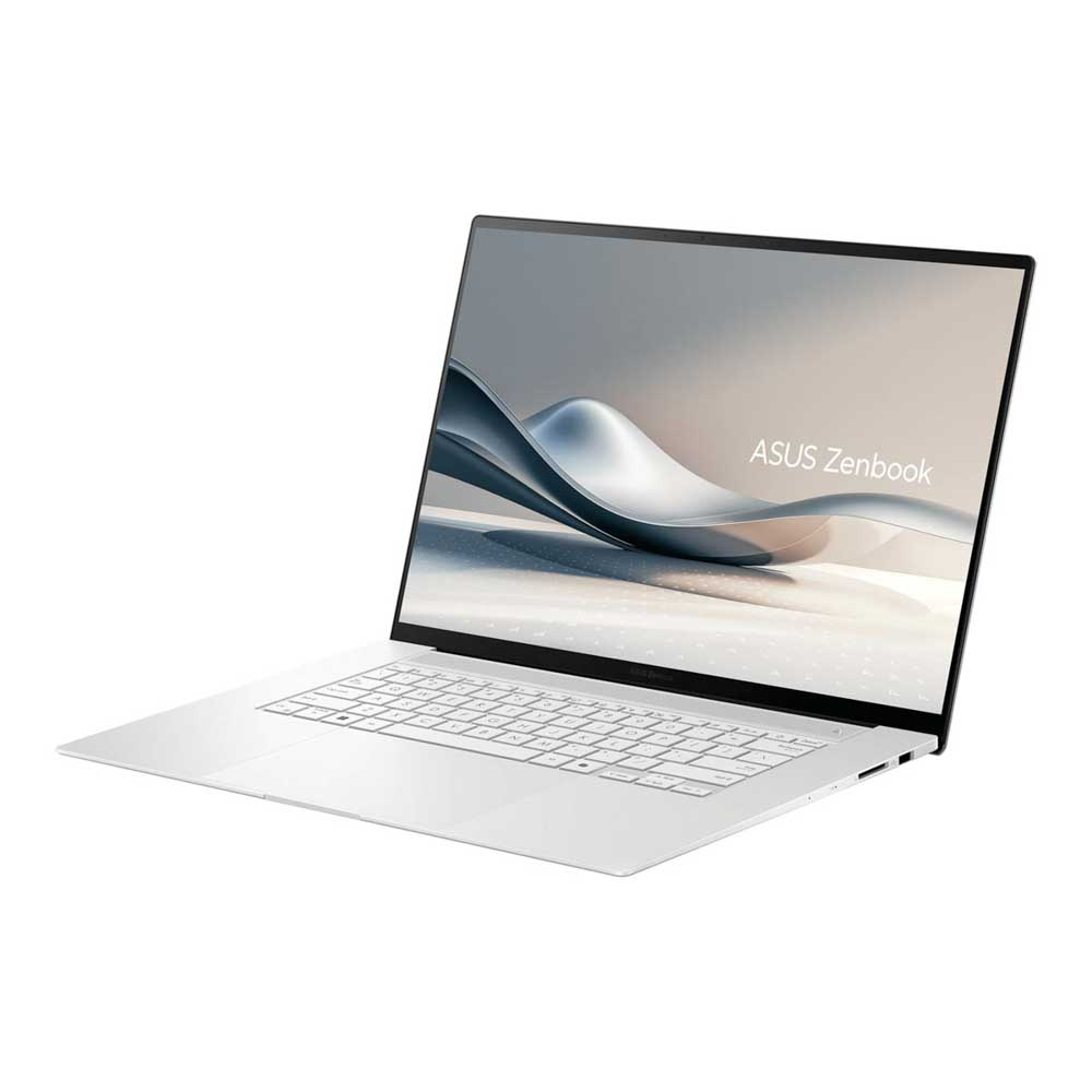 Beyaz bir yüzey üzerinde açık beyaz ASUS Zenbook dizüstü bilgisayar. Ekran dalgalı soyut bir tasarım sergiliyor. Klavye görünür.