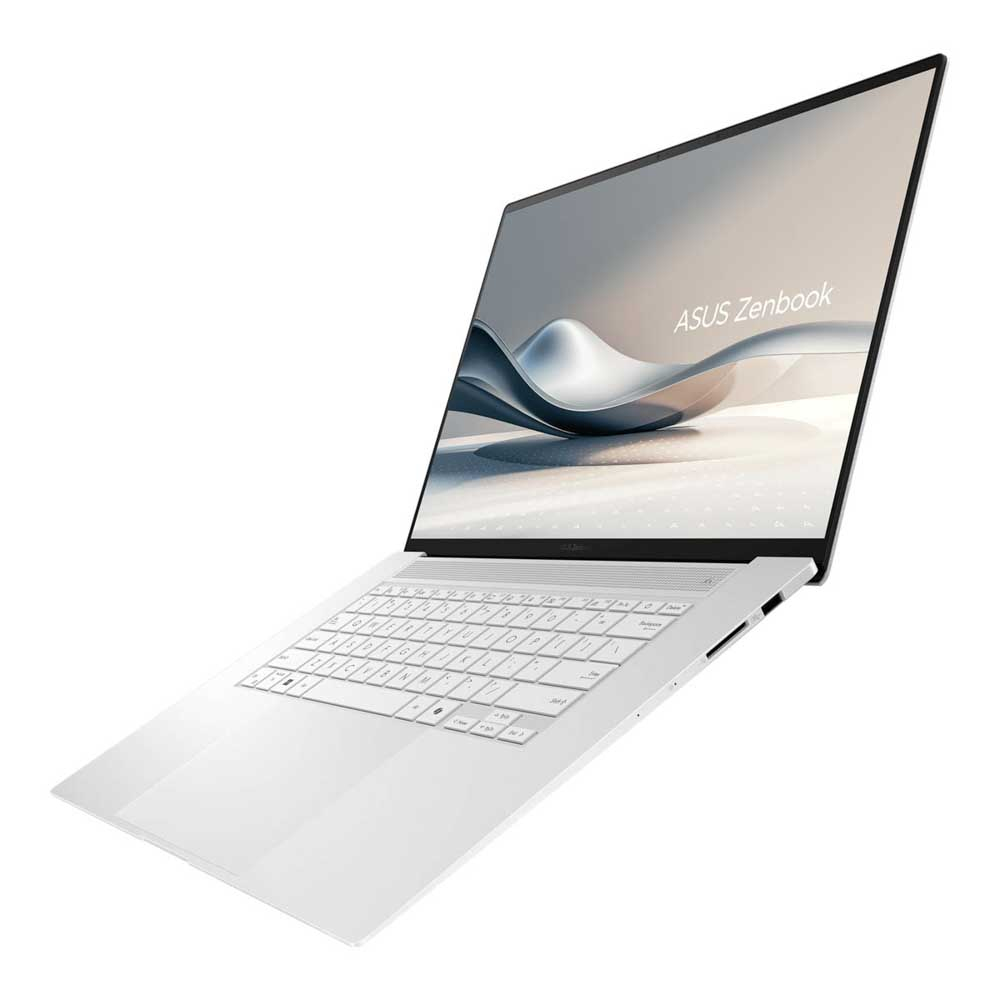 Beyaz bir ASUS Zenbook dizüstü bilgisayar açık olarak gösteriliyor. Ekran dalga benzeri bir grafik görüntülüyor. Klavye ve dokunmatik yüzey görülebilir.