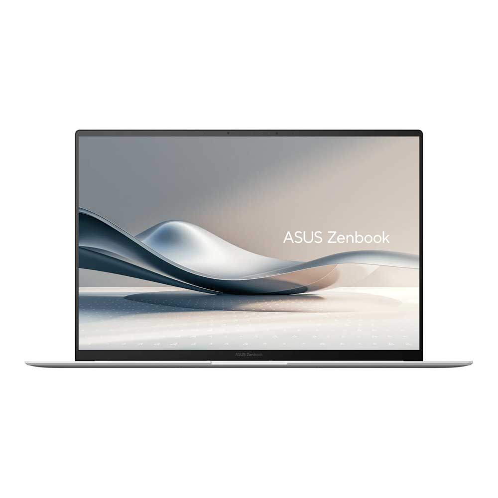 Gümüş renkli bir ASUS Zenbook dizüstü bilgisayar gösteriliyor, ekranda dalga şeklinde bir grafik var. Arka plan beyaz.