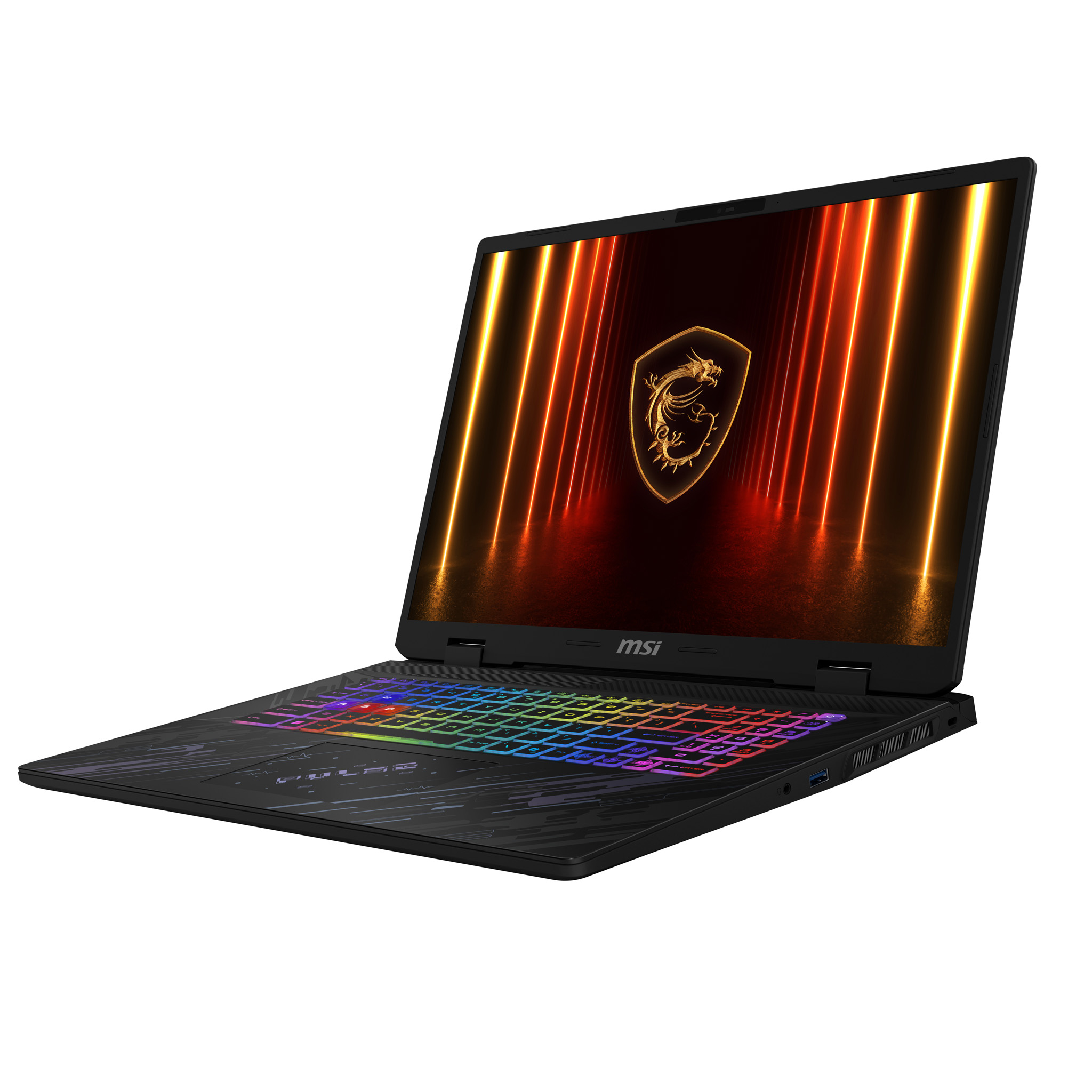 Portátil MSI negro abierto, pantalla que muestra un logotipo de dragón con líneas brillantes. El teclado tiene teclas de colores arcoíris.
