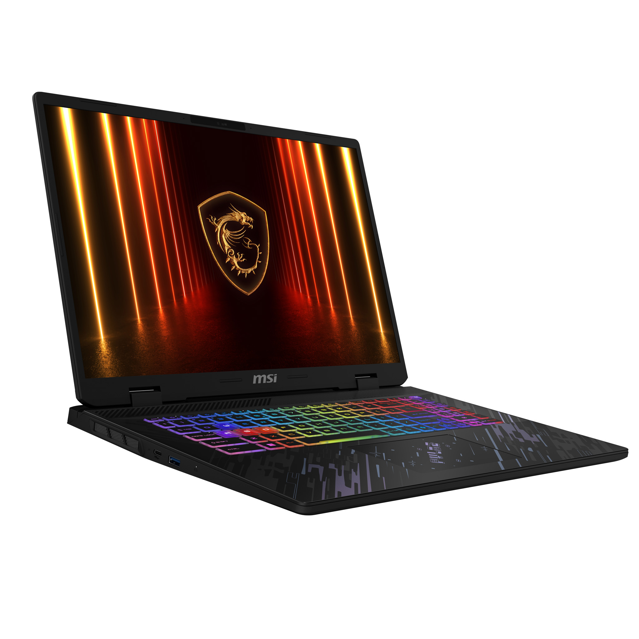 Portátil MSI negro con teclado iluminado. Pantalla muestra un logo de dragón y rayas de luz naranja. Fondo blanco.