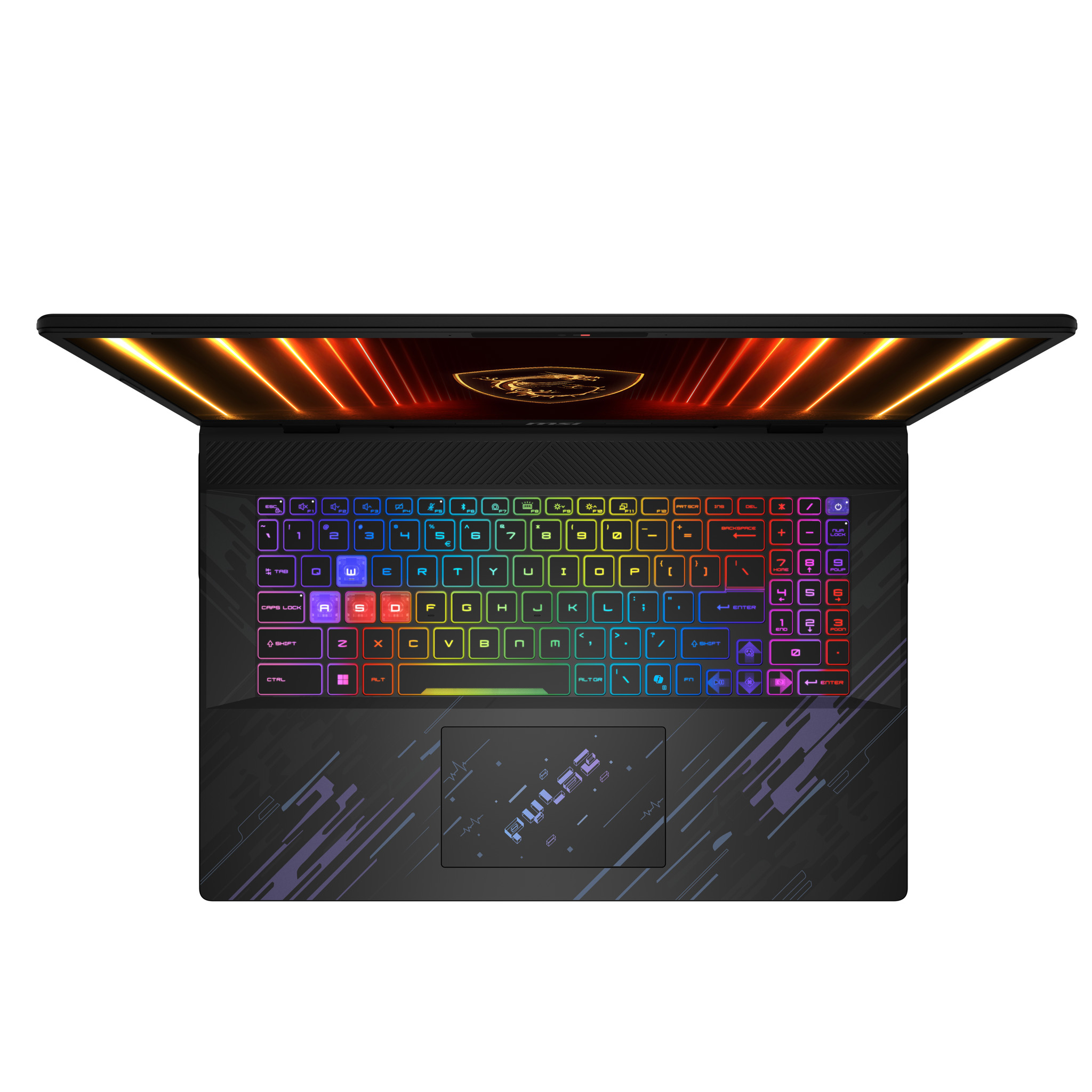 Un portátil con la pantalla abierta muestra un teclado colorido. El fondo tiene luces naranjas y rojas.