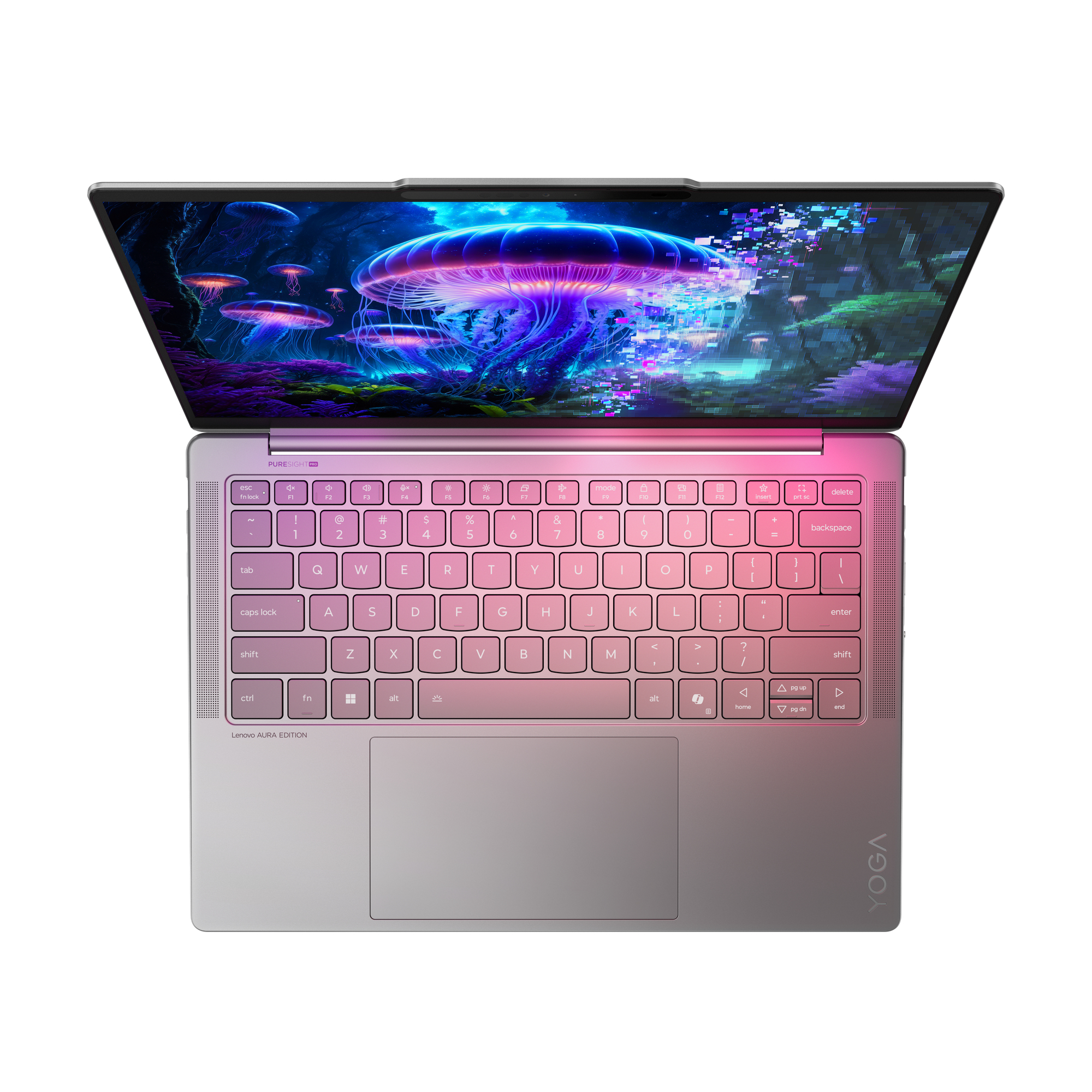 Laptop con schermo aperto che mostra una scena di meduse. Tastiera illuminata di rosa. Touchpad grigio e Lenovo Aura Edition.