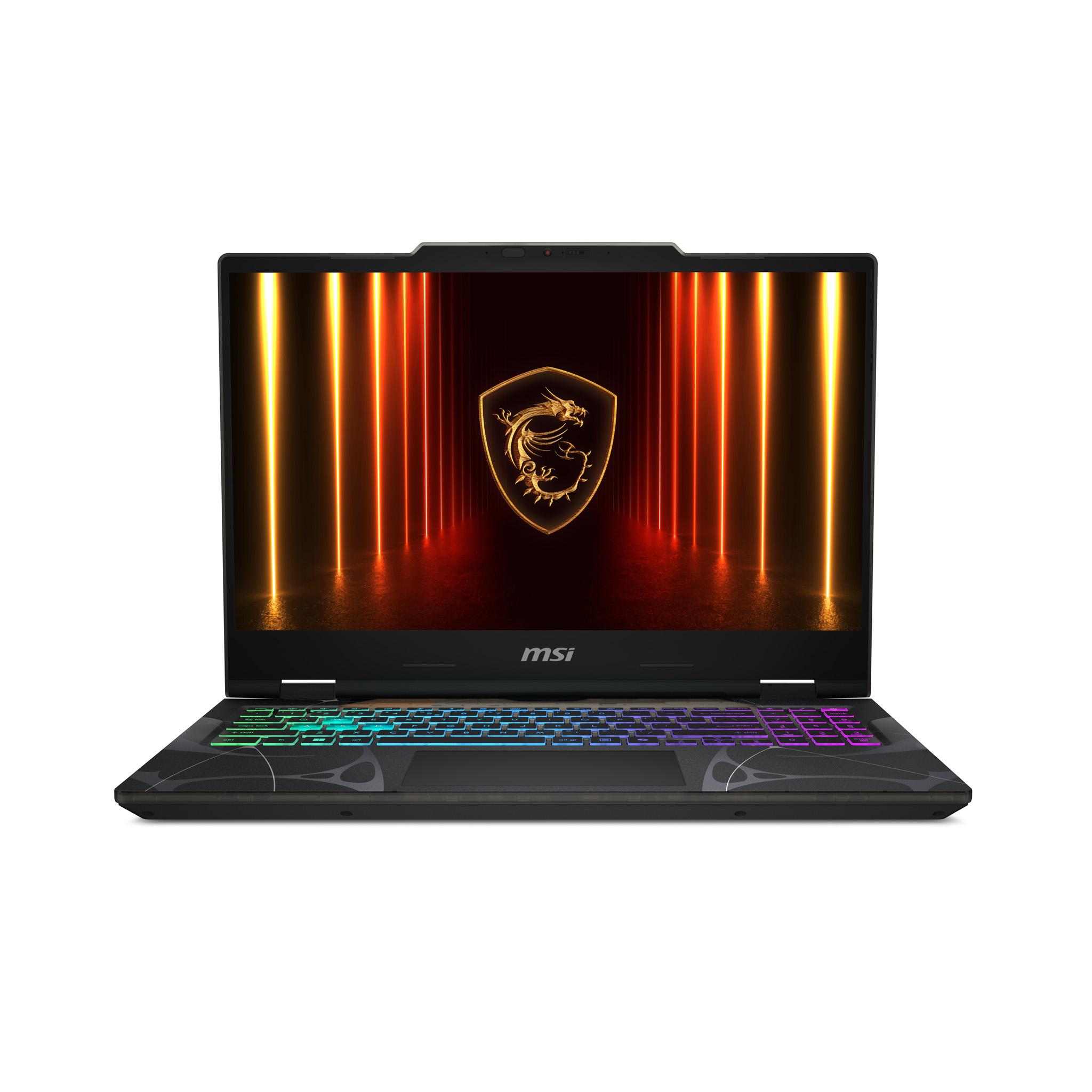 Ein schwarzer MSI-Laptop mit bunter Tastatur und einem Bildschirm, der ein goldenes Drachenlogo auf rotem Grund zeigt.