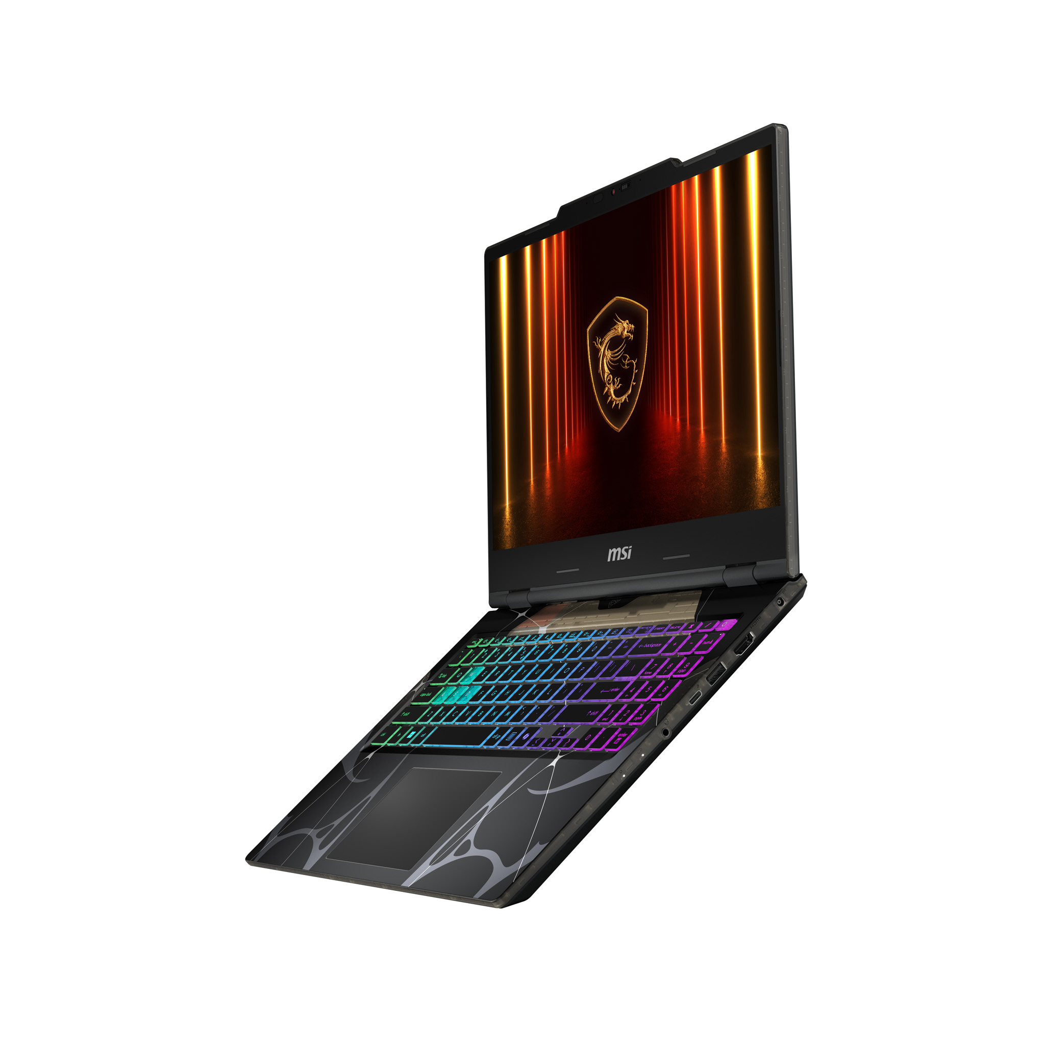 Ein offener MSI-Laptop. Der Bildschirm zeigt ein Logo und bunte Lichter. Die Tastatur leuchtet in mehreren Farben.