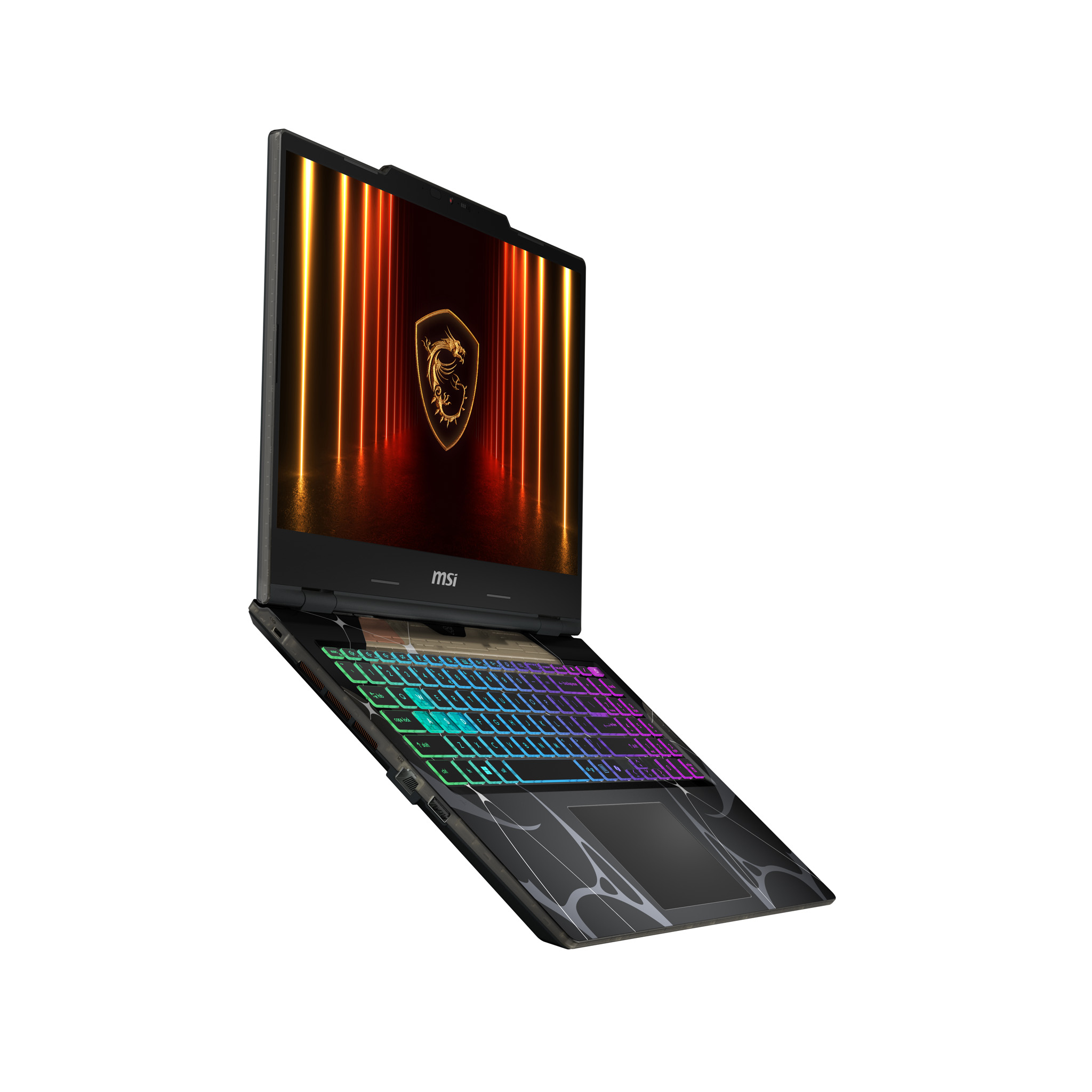 Schrägaufnahme eines schwarzen Laptops mit leuchtender Tastatur. Der Bildschirm zeigt ein Logo mit goldenen Akzenten.