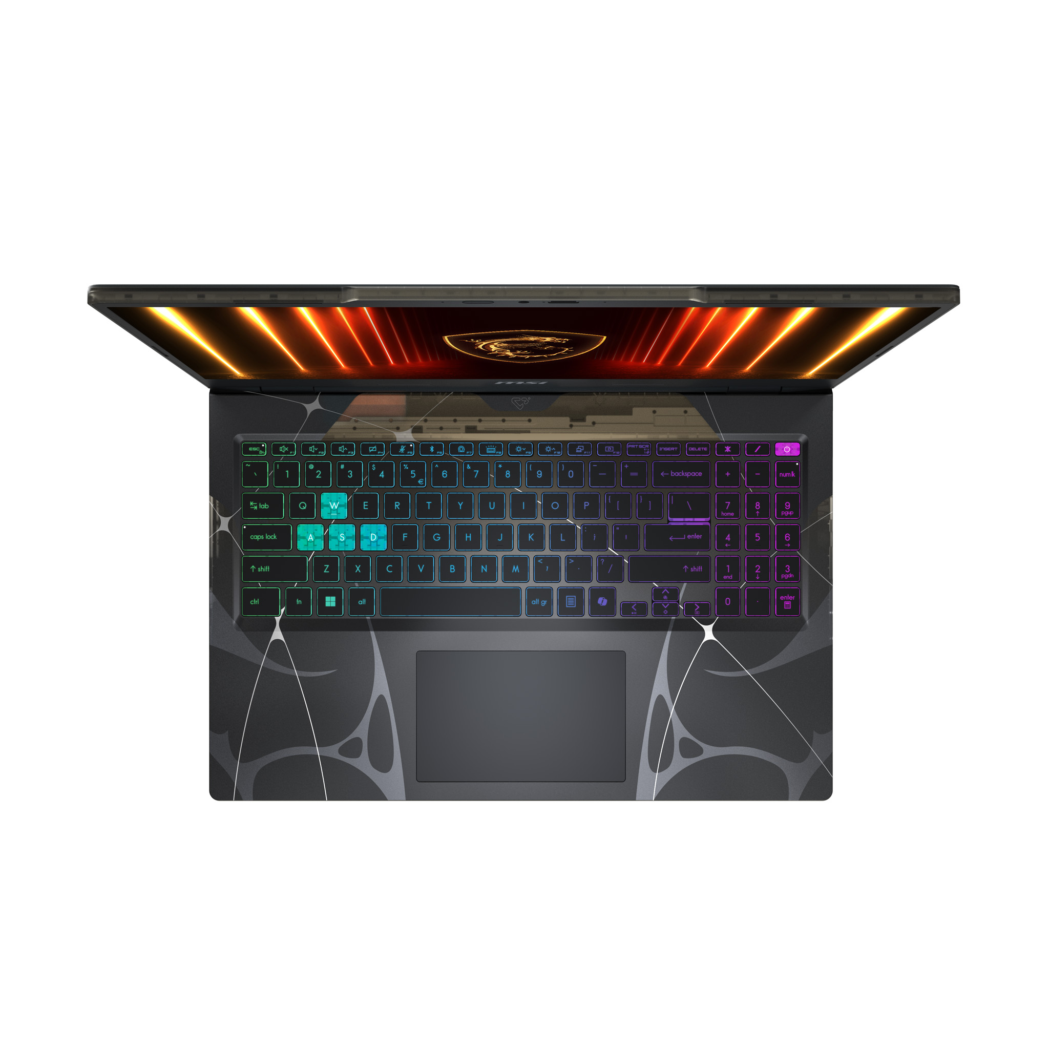 Draufsicht auf einen geöffneten schwarzen Laptop mit einer farbenfrohen, hintergrundbeleuchteten Tastatur und einem leuchtenden Bildschirm.