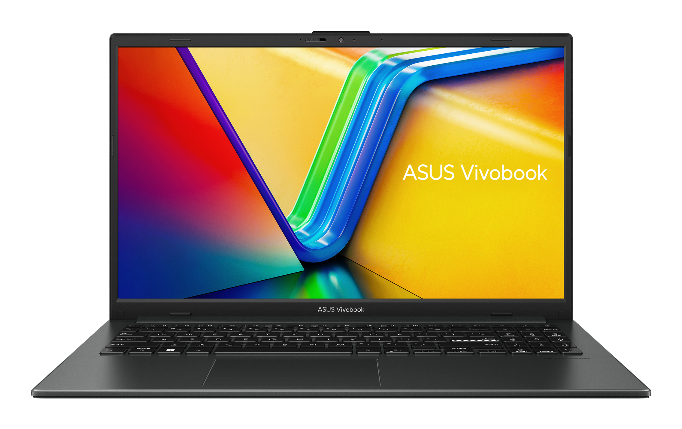 Laptop ASUS Vivobook jest otwarty, pokazując kolorowy ekran i klawiaturę. Tło jest białe.