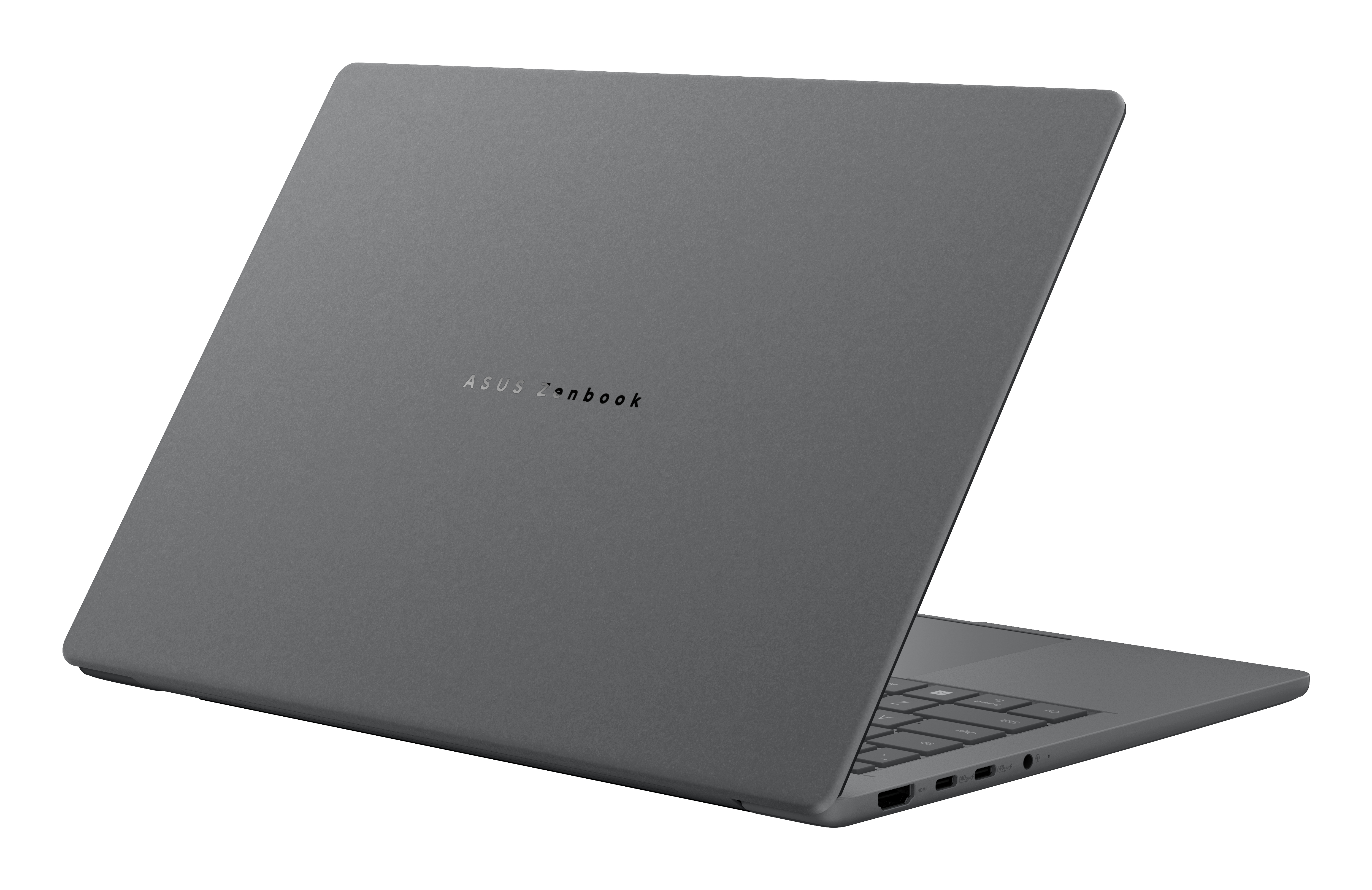 Szary laptop ASUS Zenbook jest lekko otwarty. Klawiatura jest widoczna. Tło jest białe.