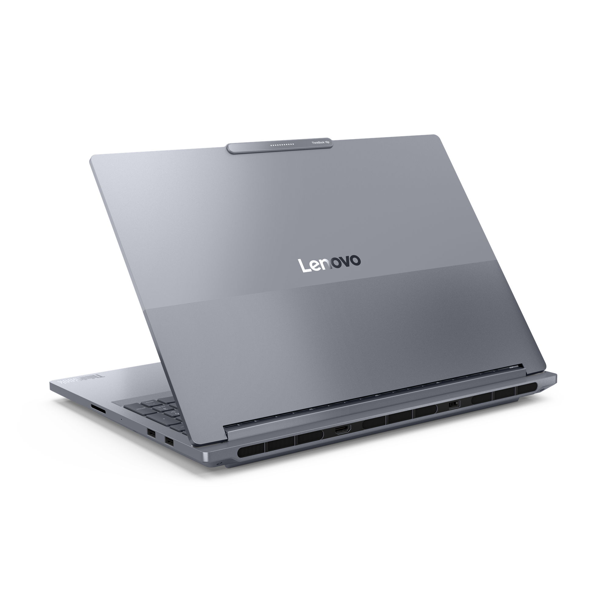 Szary laptop Lenovo jest lekko otwarty, widać klawiaturę i ekran. Tło jest białe.