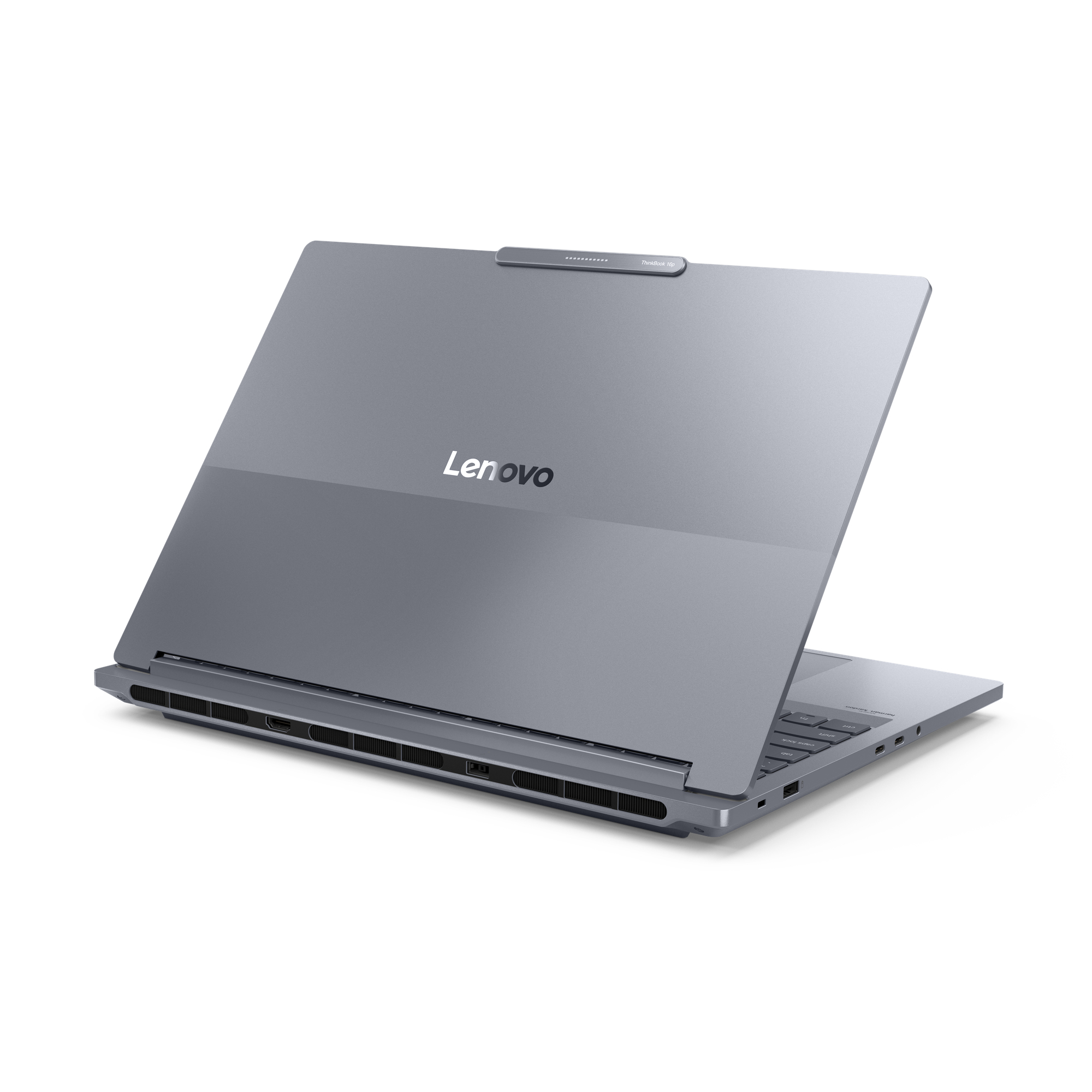 Szary laptop Lenovo jest otwarty, pokazując logo Lenovo. Tło jest białe.