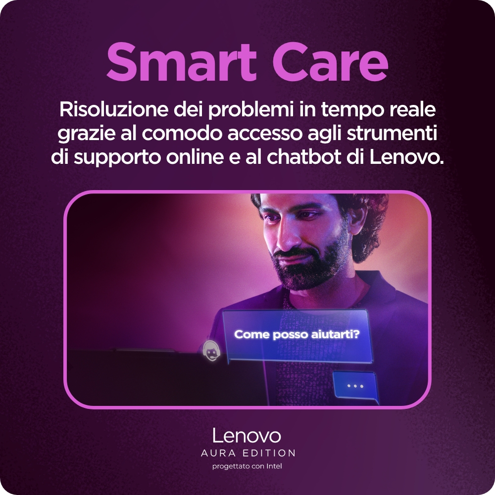 L'immagine mostra un uomo che guarda uno schermo con la scritta 'Come posso aiutarti?'. Logo Lenovo visibile.