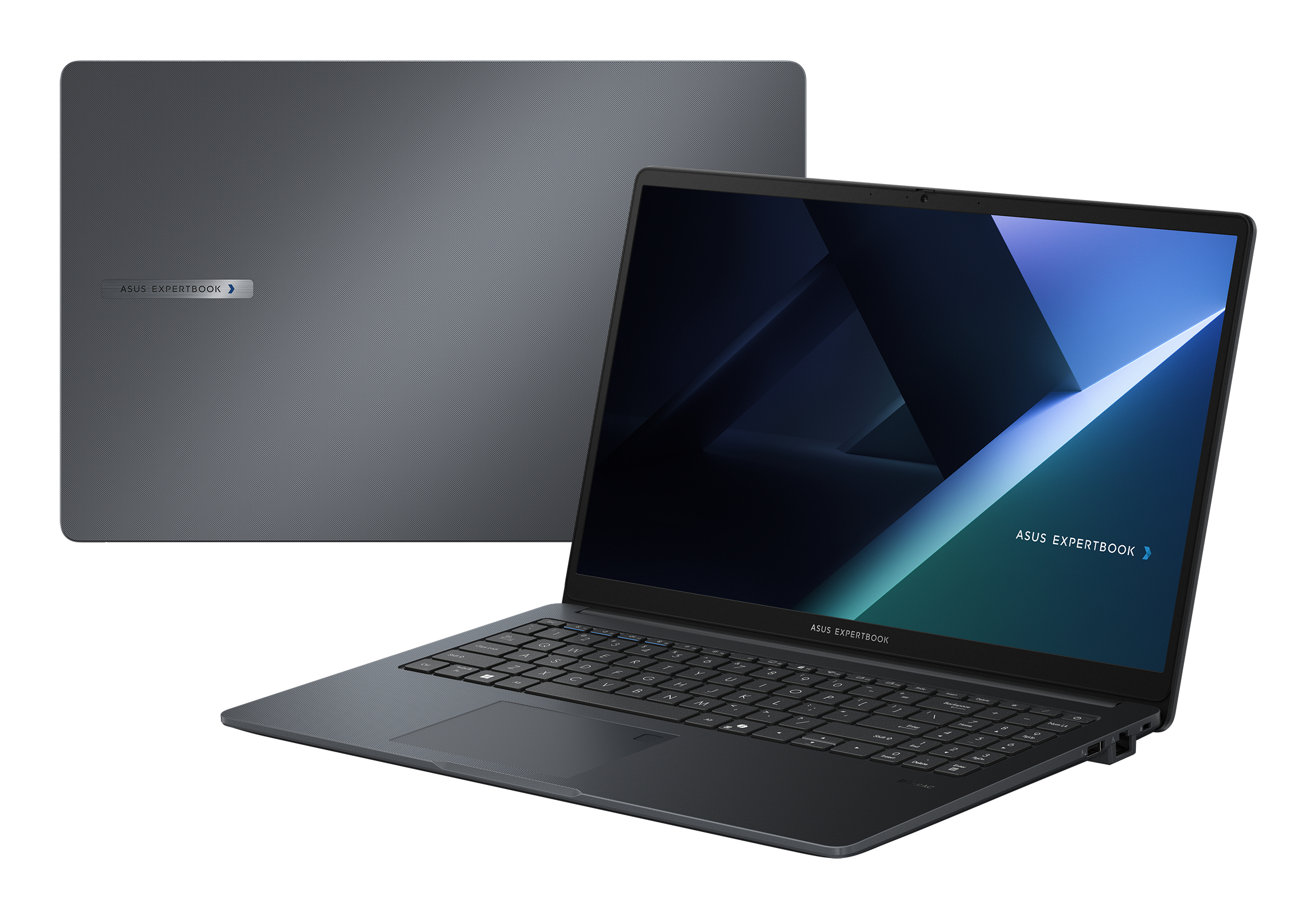 Un ordinateur portable ASUS ExpertBook gris foncé. Il est ouvert, affichant un écran bleuté. Un autre couvercle d'ordinateur portable est en arrière-plan.