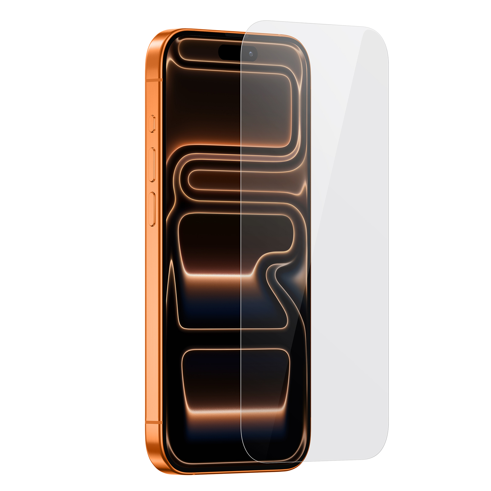 Goldenes iPhone mit Displayschutzfolie. Das Display zeigt abstrakte, leuchtende Linien. Rechts ist der Schutz.