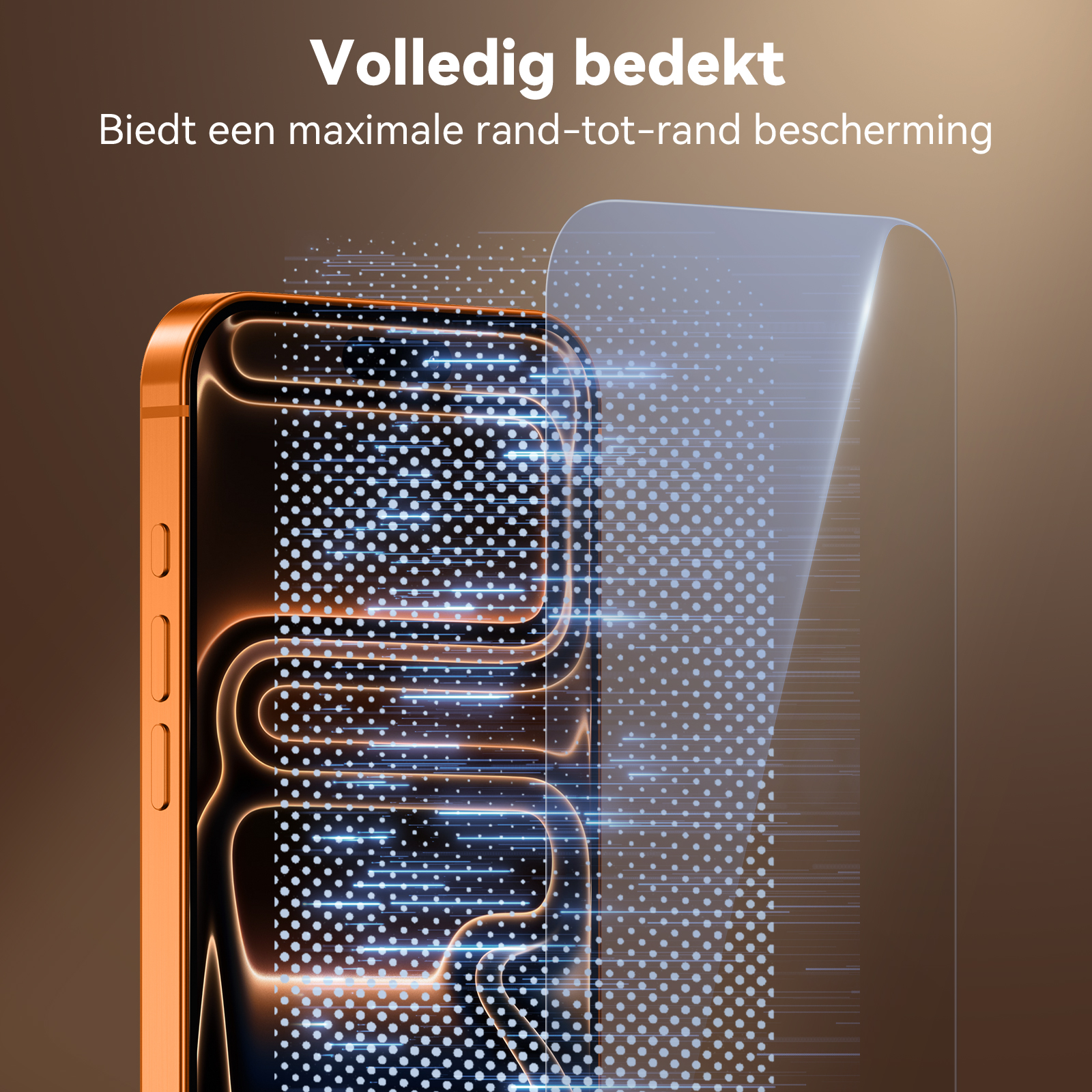 Ein Telefon mit orangefarbenem Rahmen wird mit einer Displayschutzfolie gezeigt. Ein brauner Hintergrund ist vorhanden.