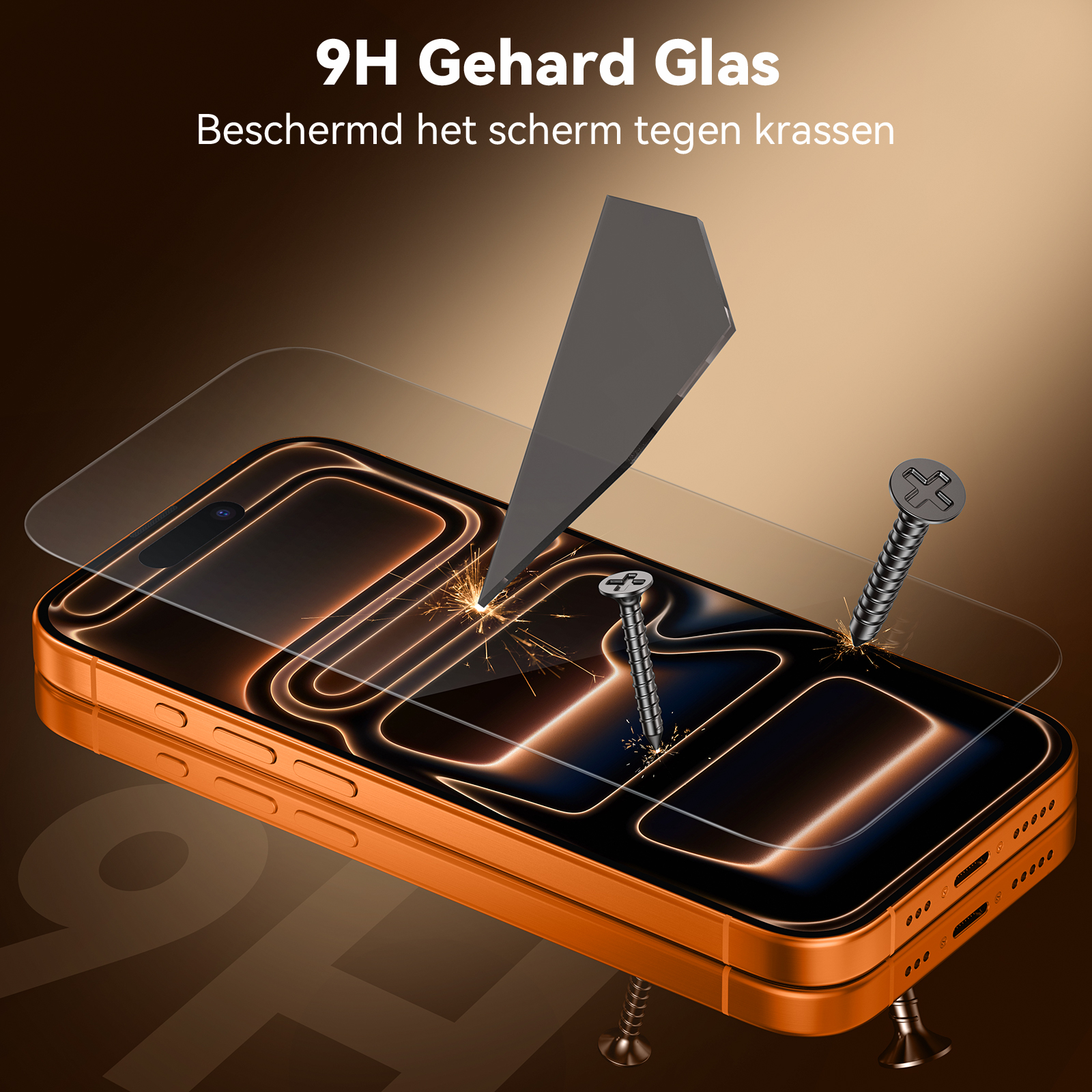 Ein orangefarbenes Telefon mit Displayschutz. Eine Schraube durchbohrt den Schutz. Funken fliegen. Text: '9H Gehard Glas'.