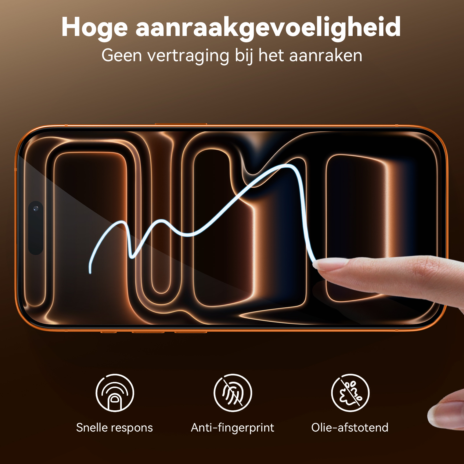 Eine Hand berührt einen Telefonbildschirm. Das Telefon hat einen orangefarbenen Rahmen, einen schwarzen Bildschirm und weiße Linien.