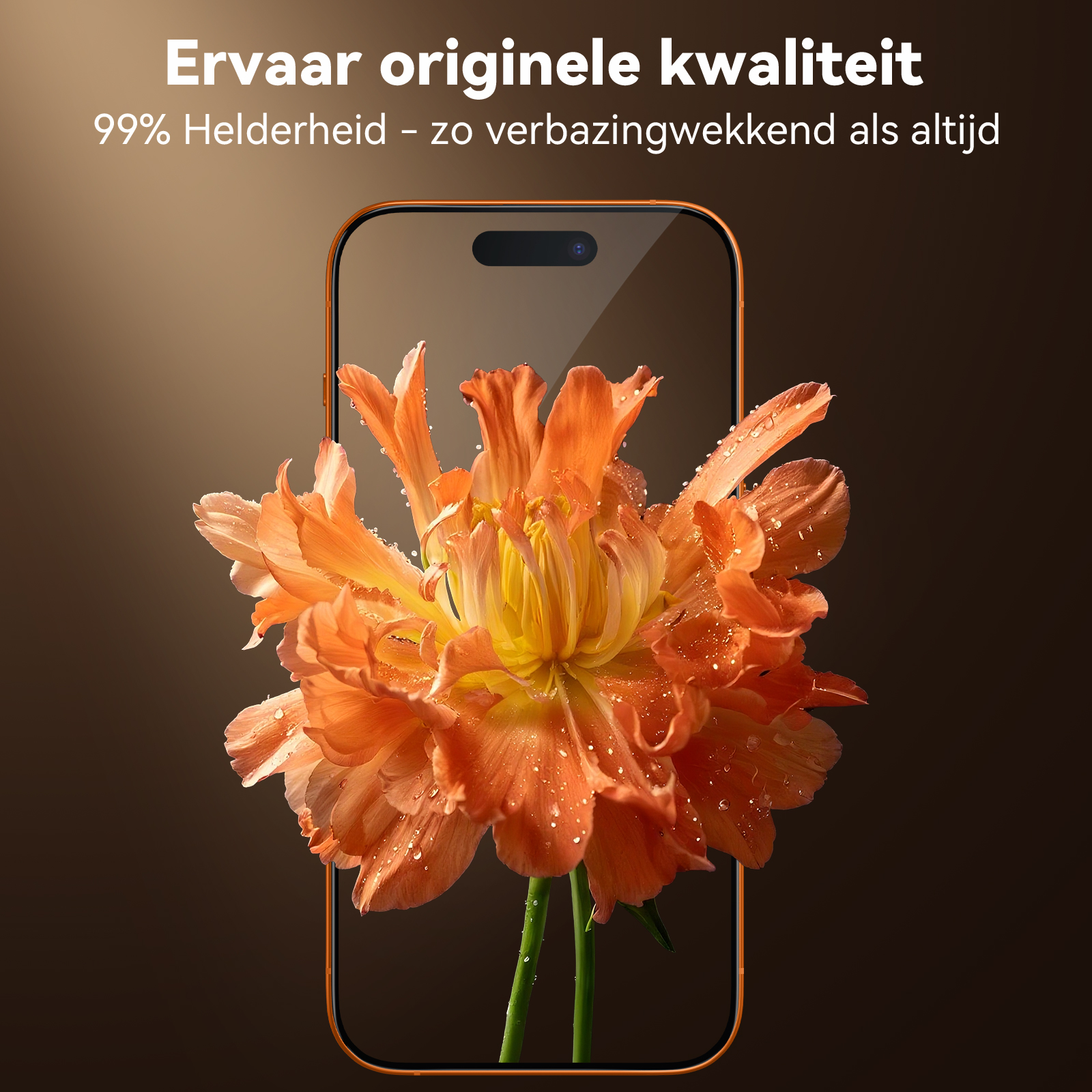 Eine orangefarbene Blume mit Wassertropfen ist in einem Telefonumriss zentriert. Der Hintergrund ist braun.