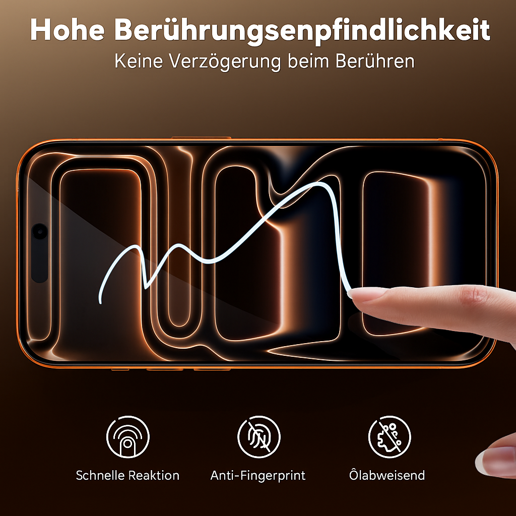 Eine Hand berührt einen Telefonbildschirm. Eine weiße Linie veranschaulicht die Berührungsempfindlichkeit. Symbole zeigen schnelle Reaktion, Anti-Fingerabdruck und Öl abweisend.
