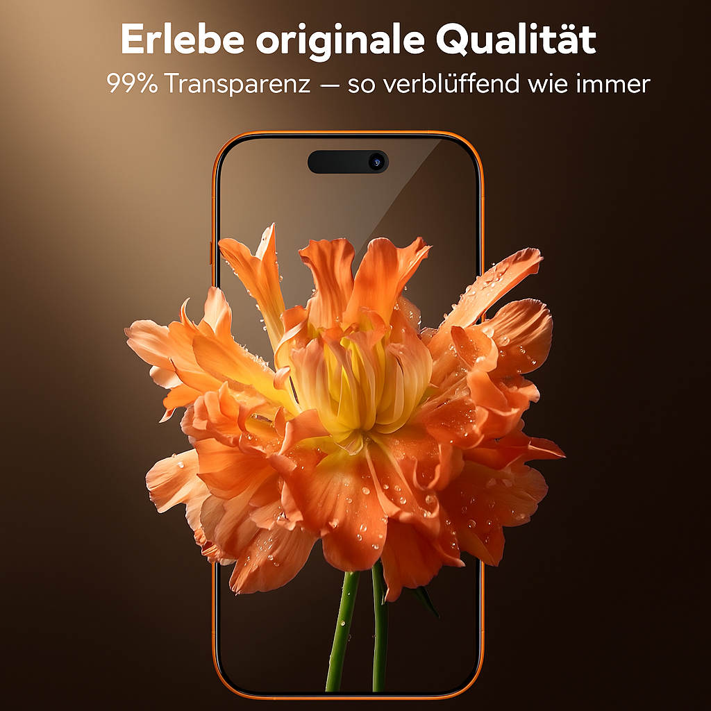 Eine orangefarbene Blume mit Wassertropfen wird auf einem Telefonbildschirm angezeigt. Der Hintergrund ist braun mit Text.