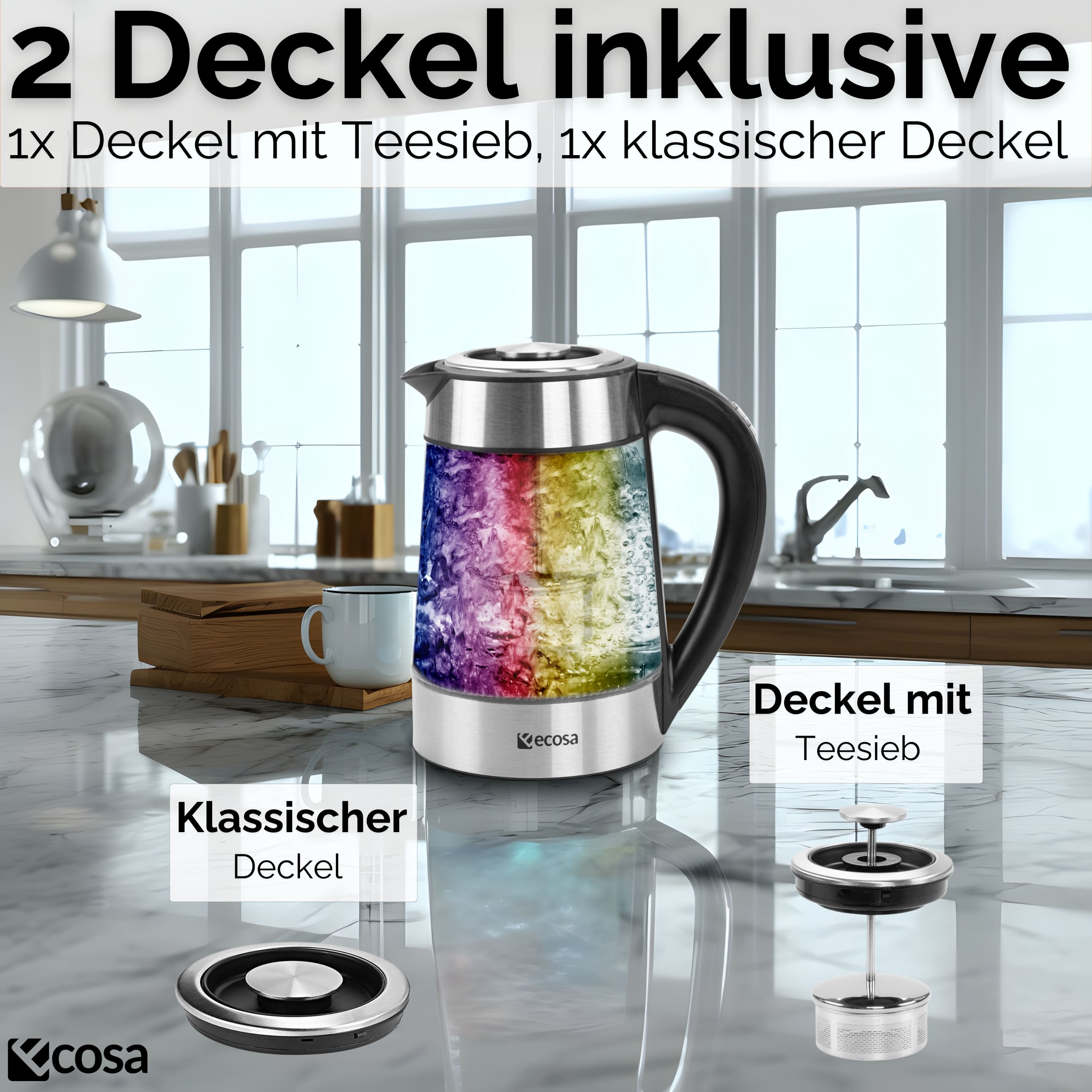 Ein Wasserkocher mit farbenfroher Wasseranzeige, klassische und Teesiebdeckel auf einer Küchentheke.