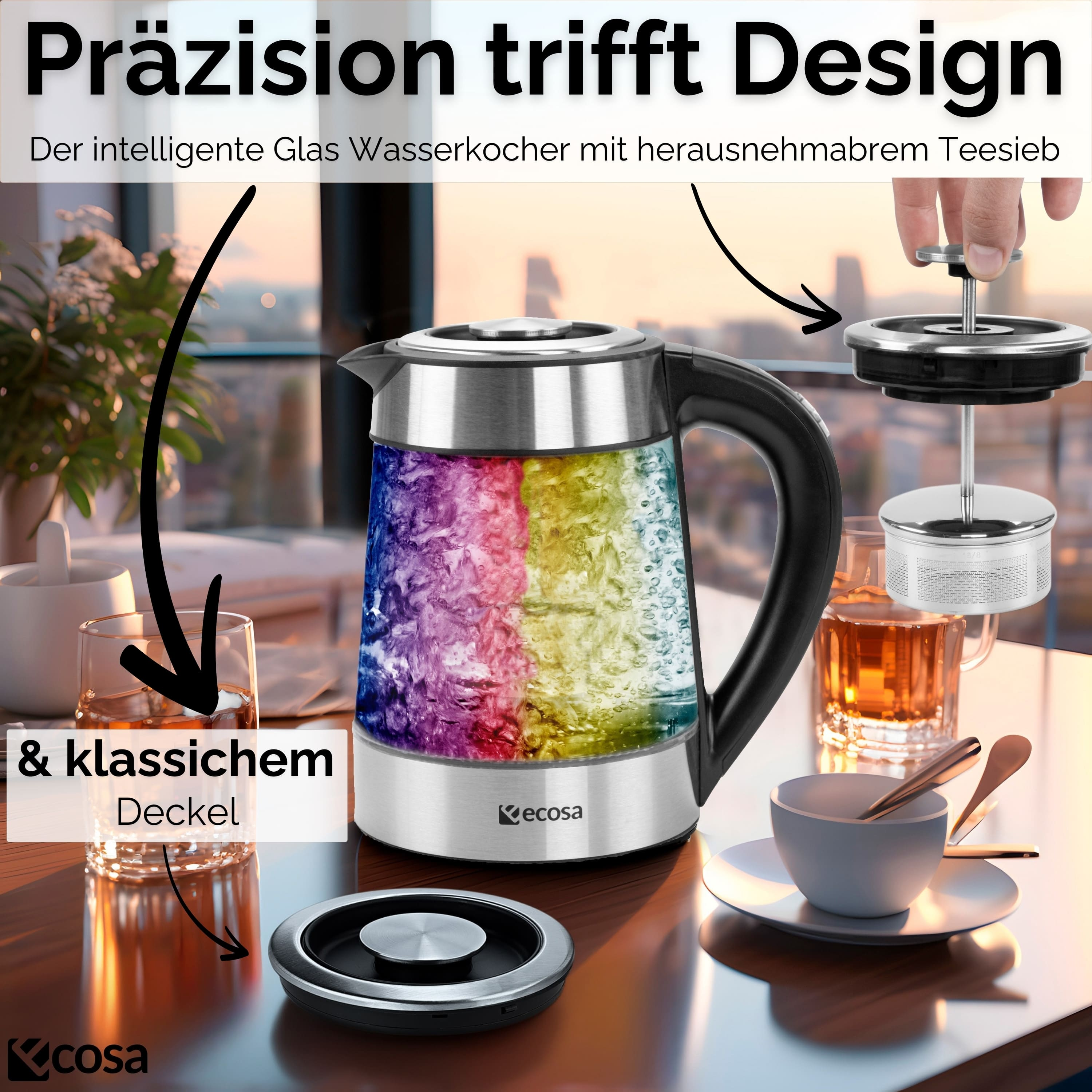 Ein Glaskessel mit farbenfrohem Wasser. Die Szene umfasst eine Tasse, Tee und einen Deckel.