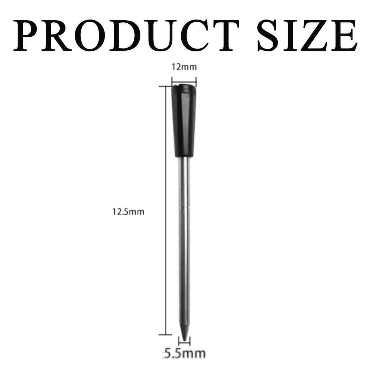 Das Bild zeigt ein Werkzeug mit schwarzem Griff und silbernem Schaft, gekennzeichnet mit Größenangaben: 12 mm, 12,5 mm und 5,5 mm. Der Text PRODUKTGRÖSSE steht oben.